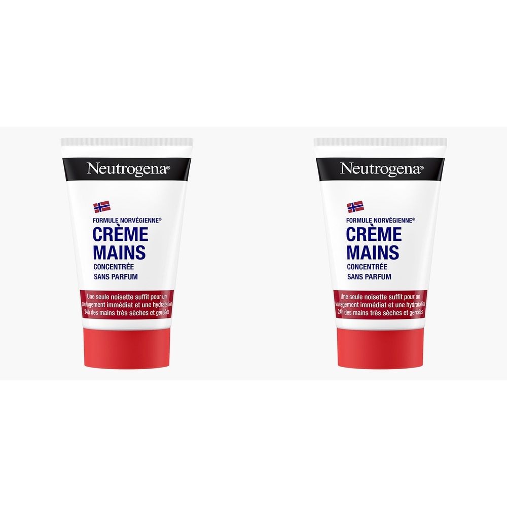 Deux tubes de crème pour les mains. Blanc avec bouchon noir et base rouge. Texte: Neutrogena, Crème Mains Concentrée Sans Parfum.