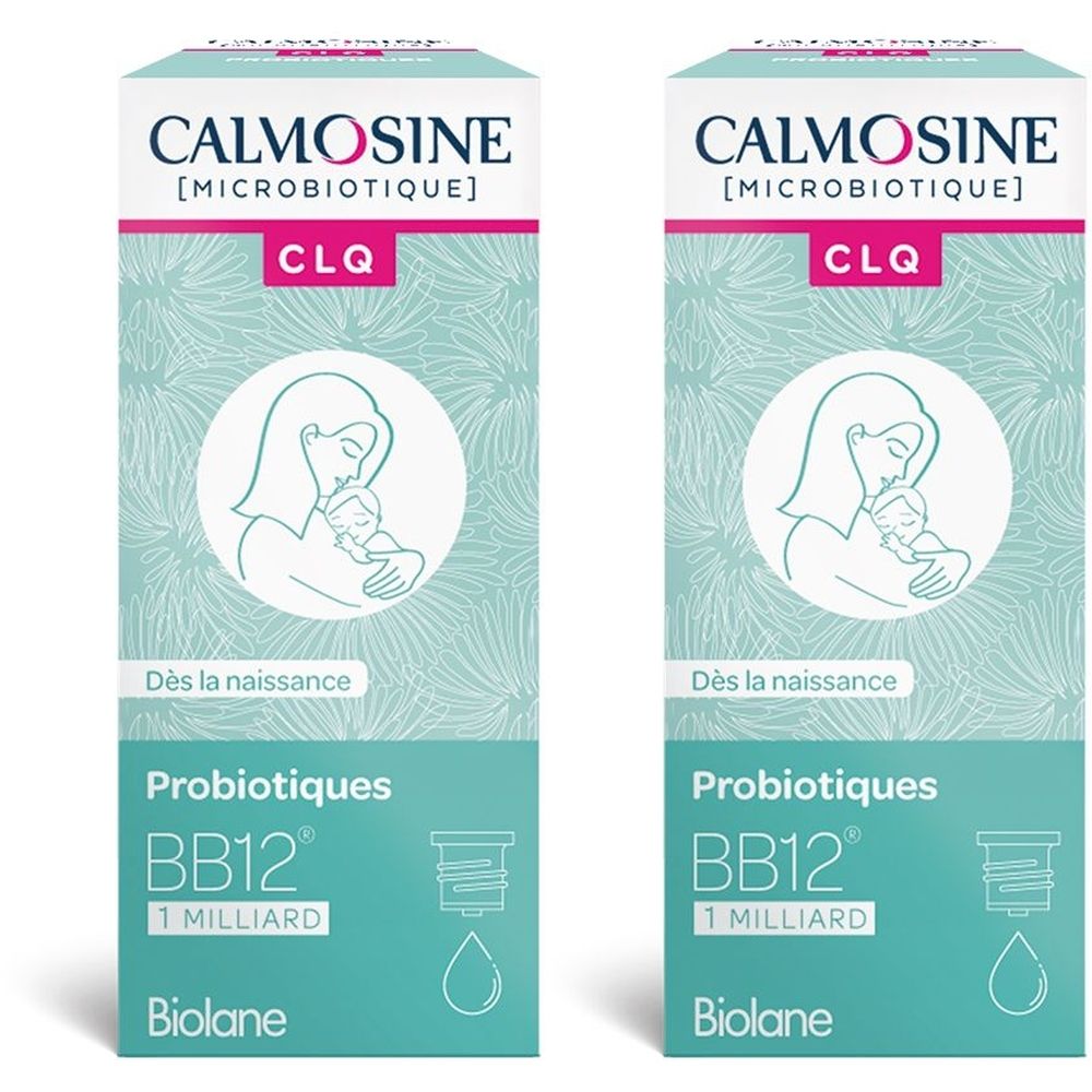 Zwei Packungen Calmosine Microbiotique. Aufschrift: Calmosine, CLQ, Probiotiques BB12, 1 Milliarde, Biolane. Abbildung: Mutter mit Baby.
