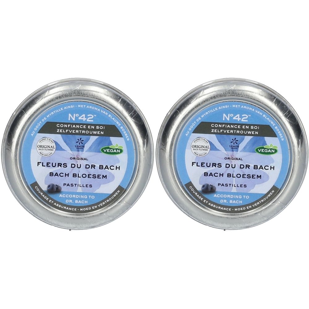 Zwei runde Metalldosen mit blauen Etiketten. Aufschrift: Fleurs du Dr. Bach Pastilles, N°42 Confiance en soi. Vegan-Siegel.