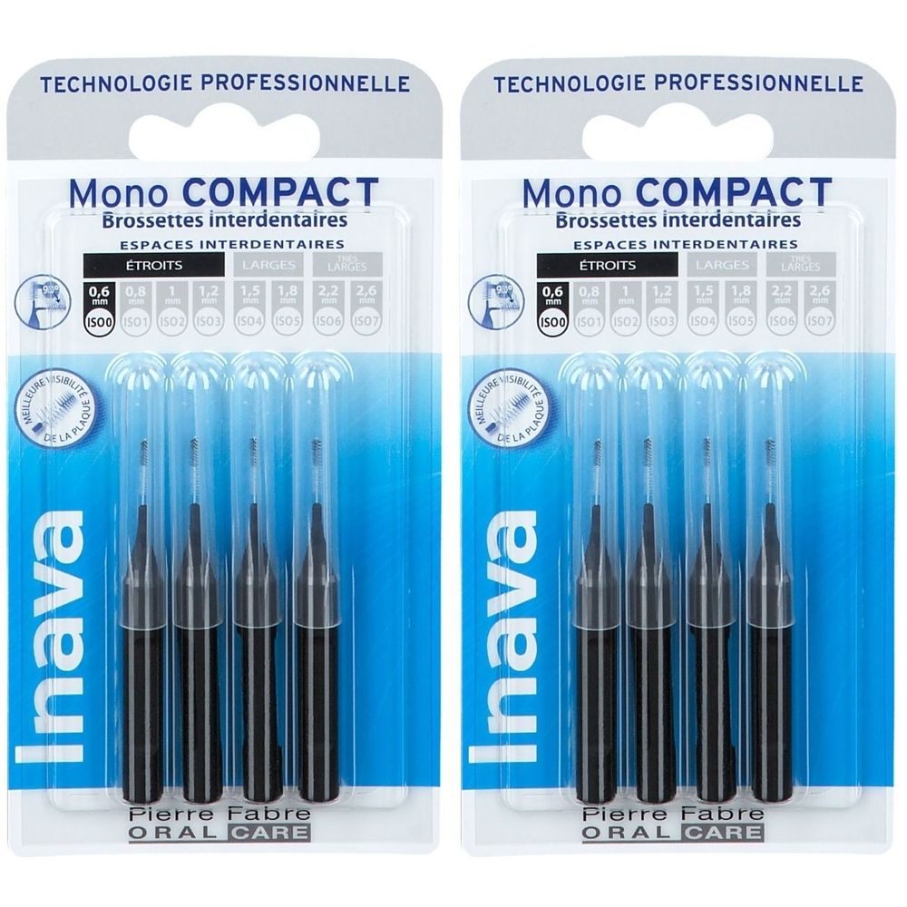 Zwei Packungen Inava Mono Compact Interdentalbürsten. Schwarze Borsten, transparente Griffe. Verpackung mit Produktinformationen.