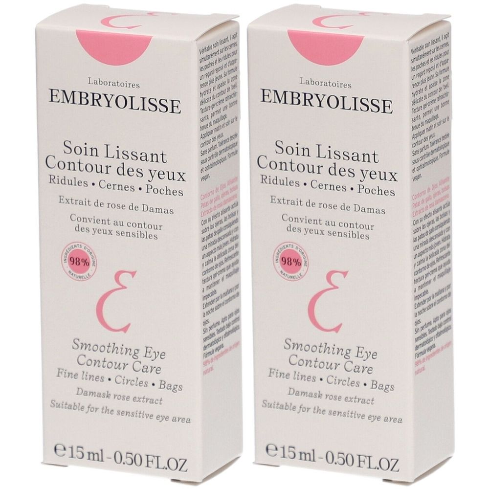 Deux boîtes Embryolisse. Inscription: Soin Lissant Contour des yeux. Contient 15 ml. 98% d'ingrédients naturels.