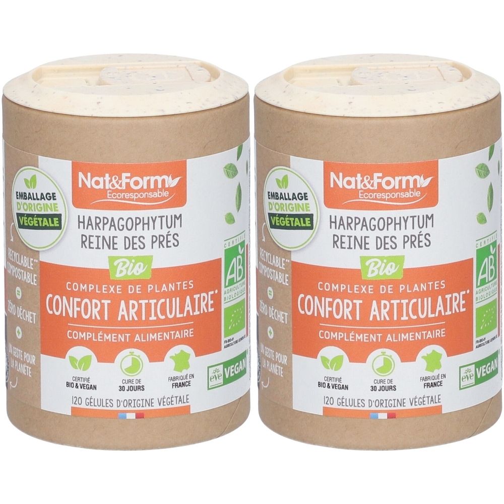 Zwei zylindrische Behälter mit Deckel. Aufkleber mit Produktinformationen: Marke, Name, Bio-Zertifizierung, veganes Siegel. Braune Verpackung.