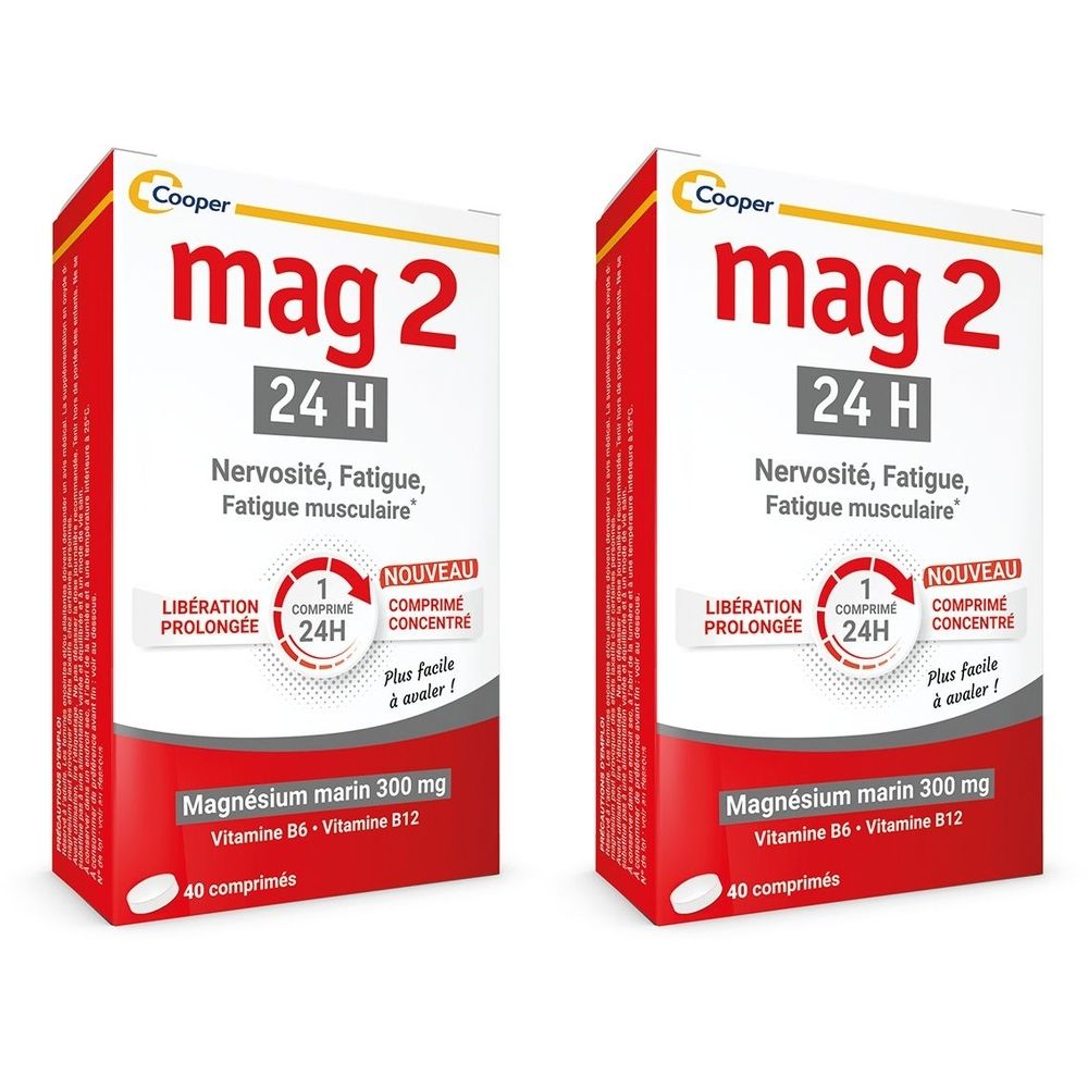 Zwei rote Schachteln mit "mag 2 24H". Text: "Nervosité, Fatigue, Fatigue musculaire". Enthält 40 Tabletten. Marke: Cooper.