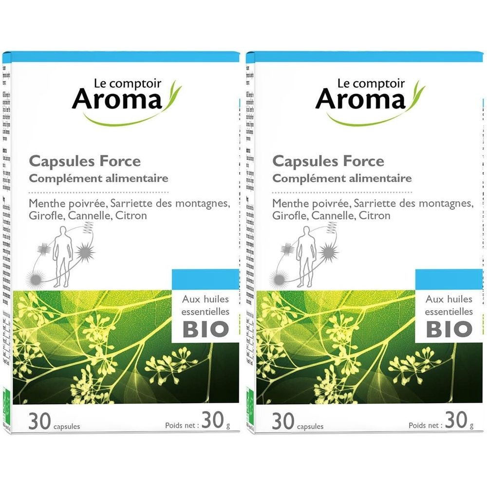 Deux boîtes de capsules. Inscription : Le Comptoir Aroma, Capsules Force, complément alimentaire, BIO. 30 capsules.