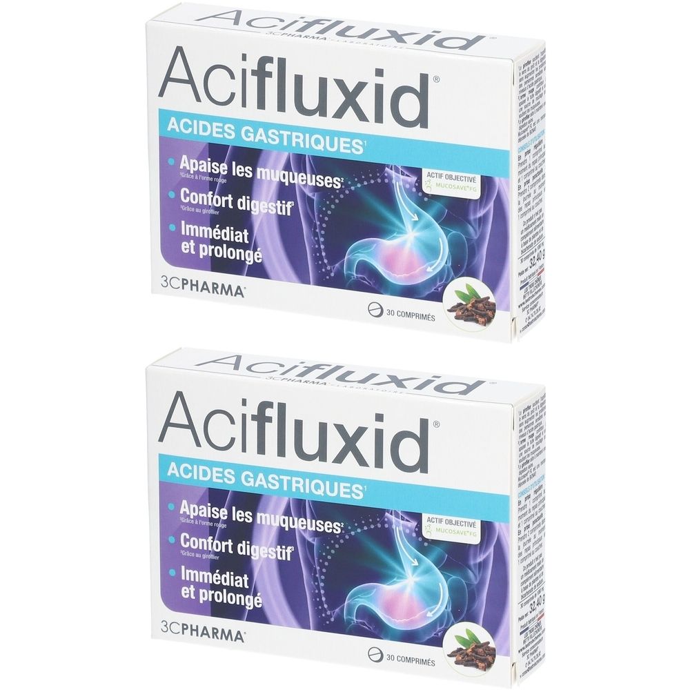 Zwei Schachteln mit der Aufschrift "Acifluxid". Text: "Acides gastriques", "Apaise les muqueuses", "Confort digestif", "Immédiat et prolongé".