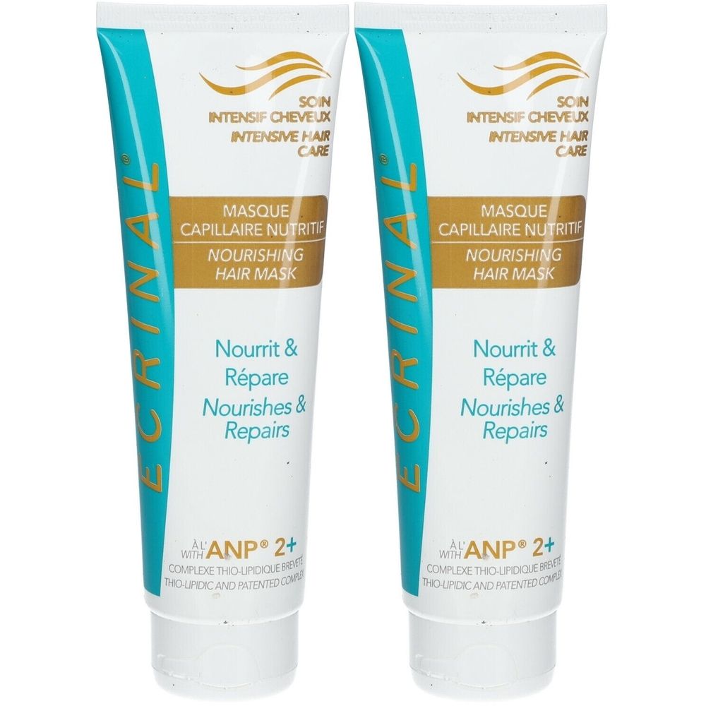 Deux tubes de masque capillaire ECRINAL®. Tubes blancs avec accents bleus et dorés. Texte: Nourishing Hair Mask, ANP 2+.