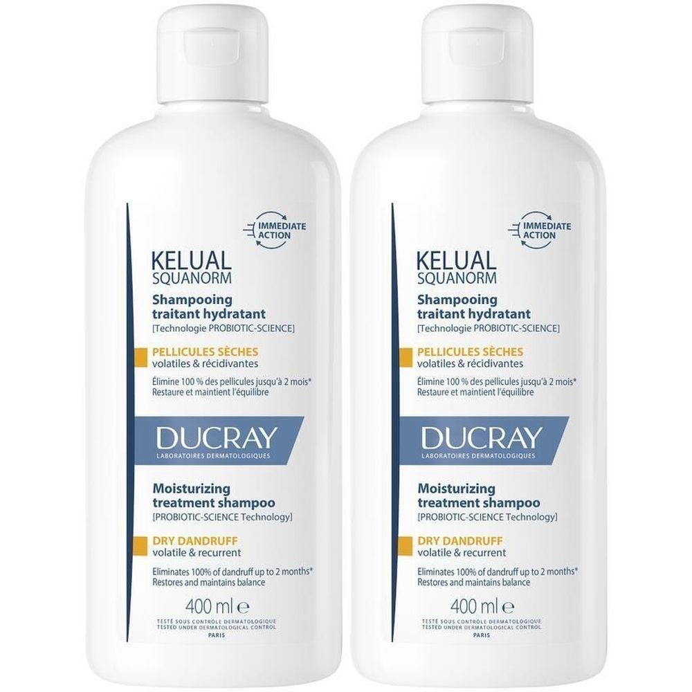 Zwei weiße Flaschen Shampoo. Aufschrift: KELUAL SQUANORM, Shampooing traitant hydratant, Ducray. Für trockene Schuppen.