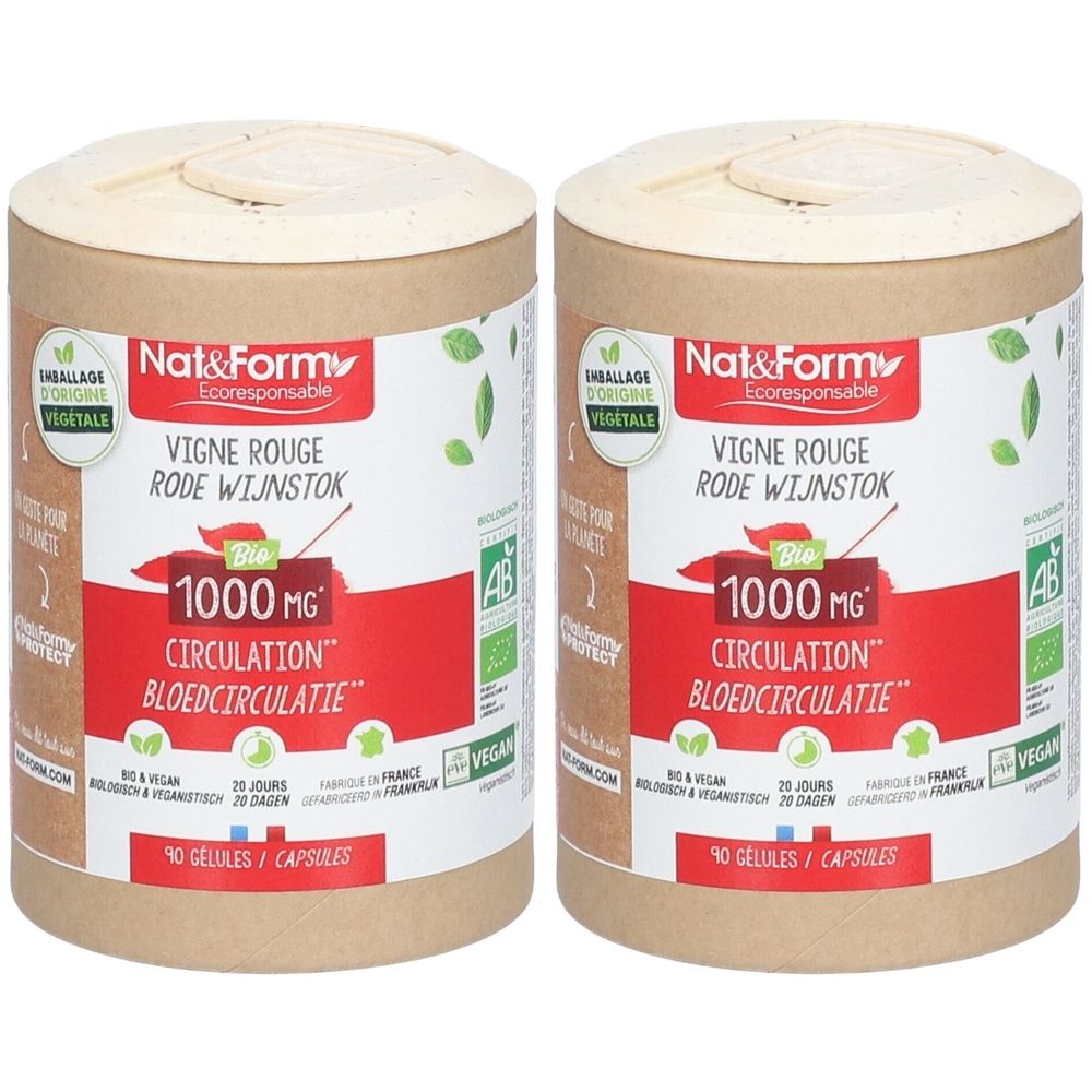 Zwei zylindrische Behälter mit roter Beschriftung. Aufschrift: Vigne Rouge, 1000 mg, Circulation. Bio-Siegel und Vegan-Logo.