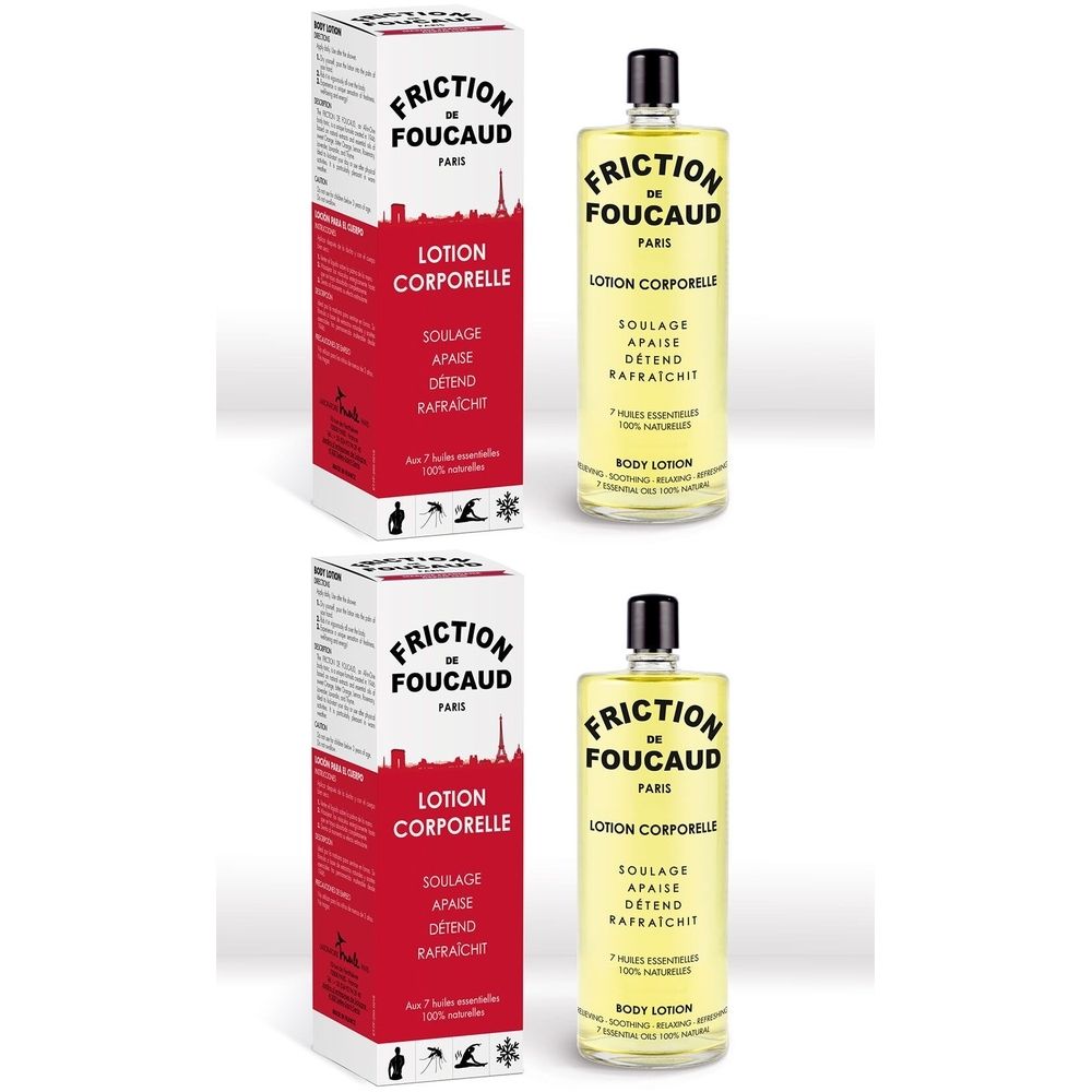 Zwei Flaschen und zwei Kartons mit der Aufschrift "Friction de Foucaud Paris Lotion Corporelle".