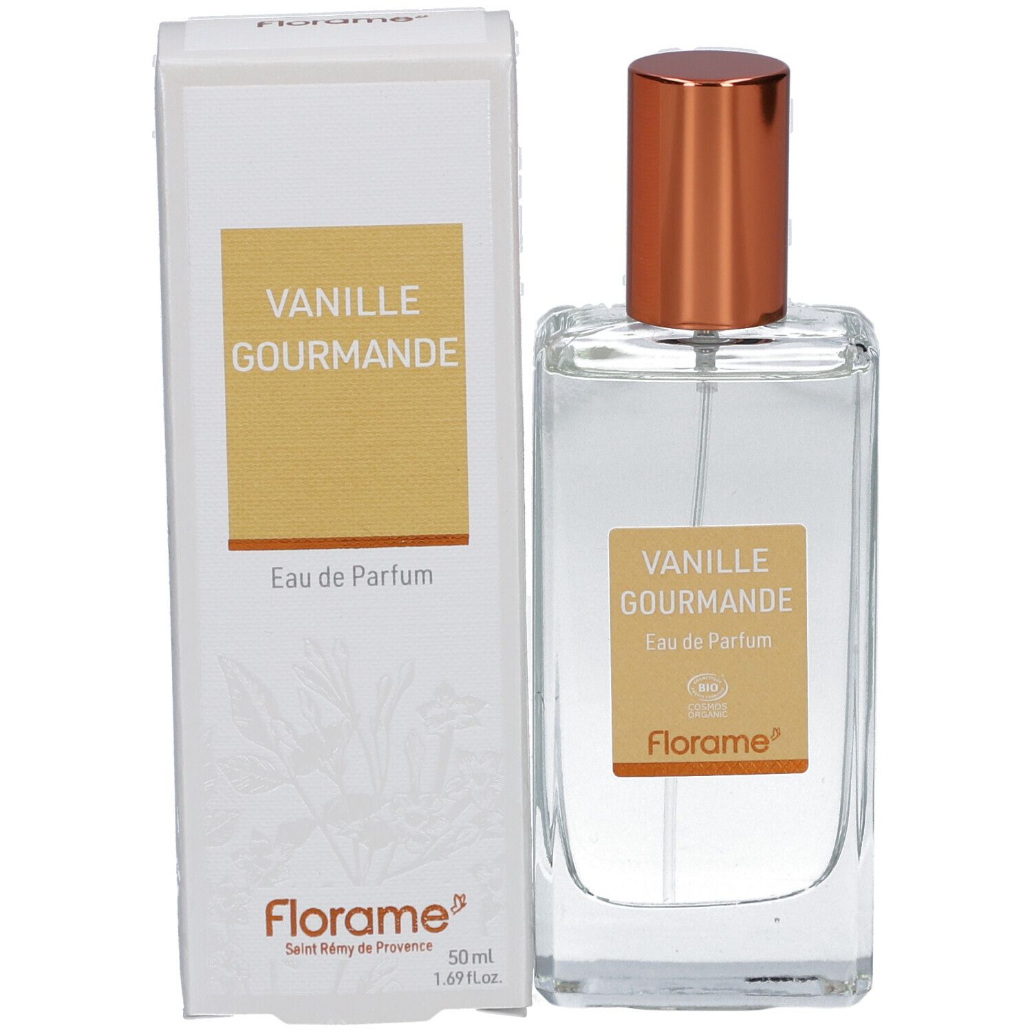 Produktflakon und Verpackung. Flakon mit kupferfarbenem Verschluss. Verpackung mit "Vanille Gourmande" und "Eau de Parfum". Marke Florame.