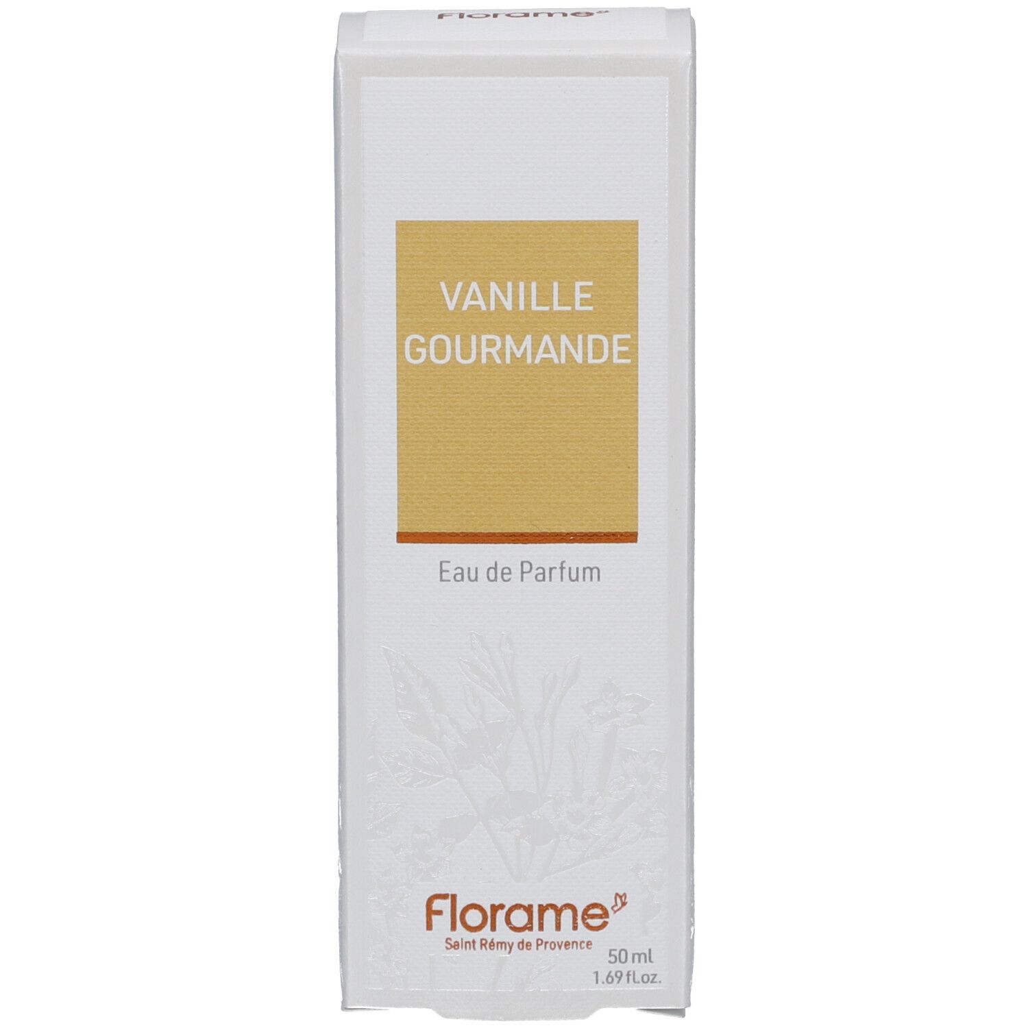 Verpackung mit "Vanille Gourmande" und "Eau de Parfum". Marke Florame. Text und Logo auf weißem Hintergrund.