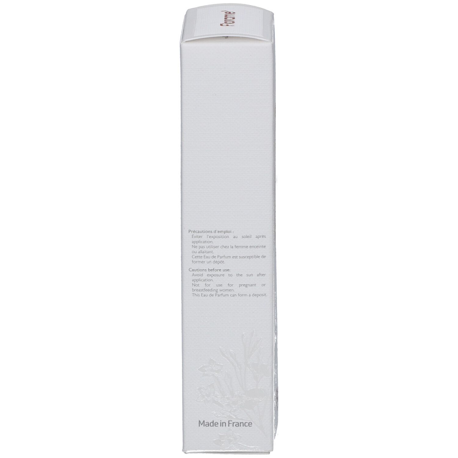 Weiße Verpackung, Seitenansicht. Text in Französisch. Marke Florame. Hergestellt in Frankreich.