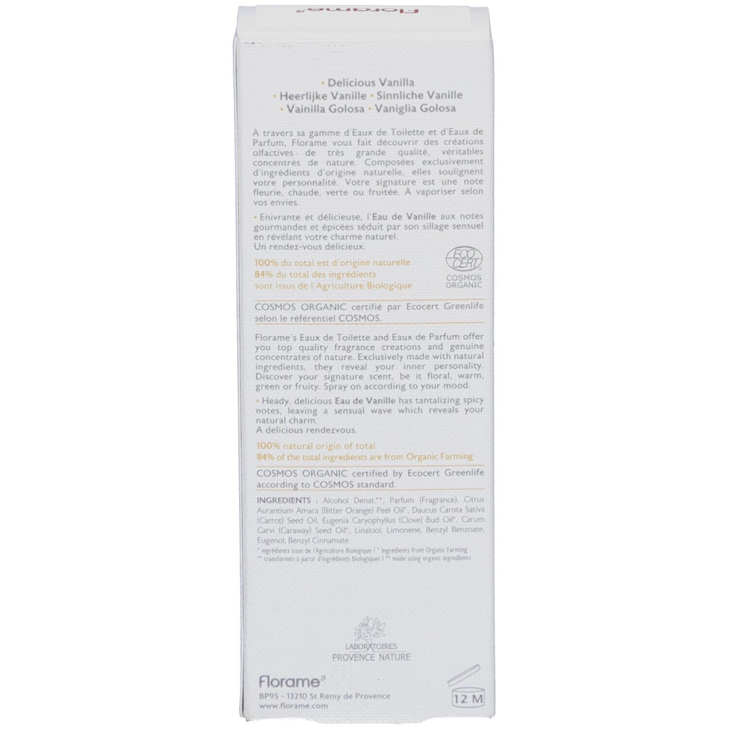 Verpackung mit Text in Englisch und Französisch. Marke Florame. COSMOS ORGANIC Zertifizierung.