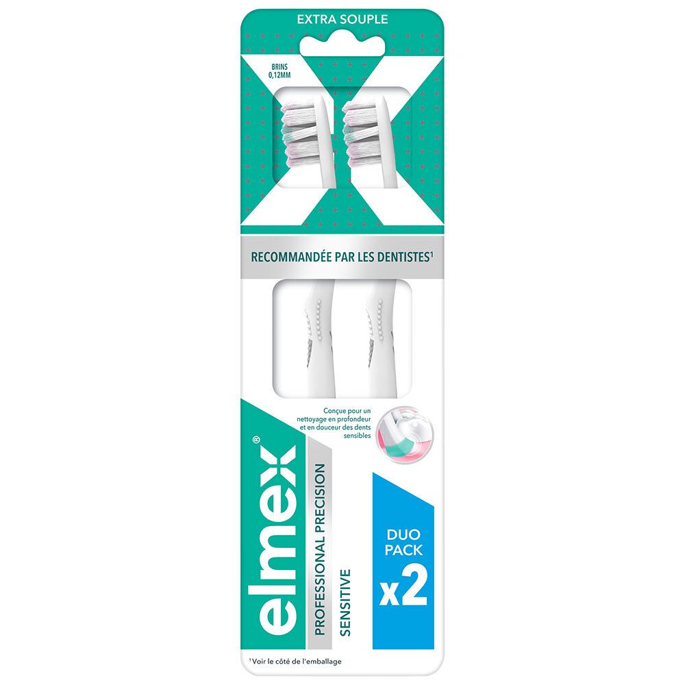 Zwei Ersatzbürstenköpfe in einer Verpackung. Elmex Professional Precision Sensitive. Duo Pack.