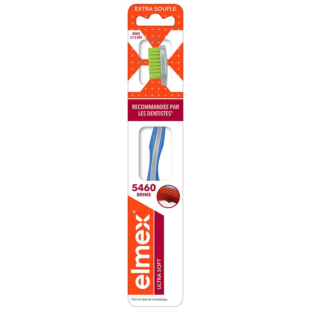Brosse à dents dans son emballage. Tête verte, manche bleu. Texte : "EXTRA SOUPLE", "RECOMMANDÉE PAR LES DENTISTES", "5460 BRINS", "elmex ULTRA SOFT".