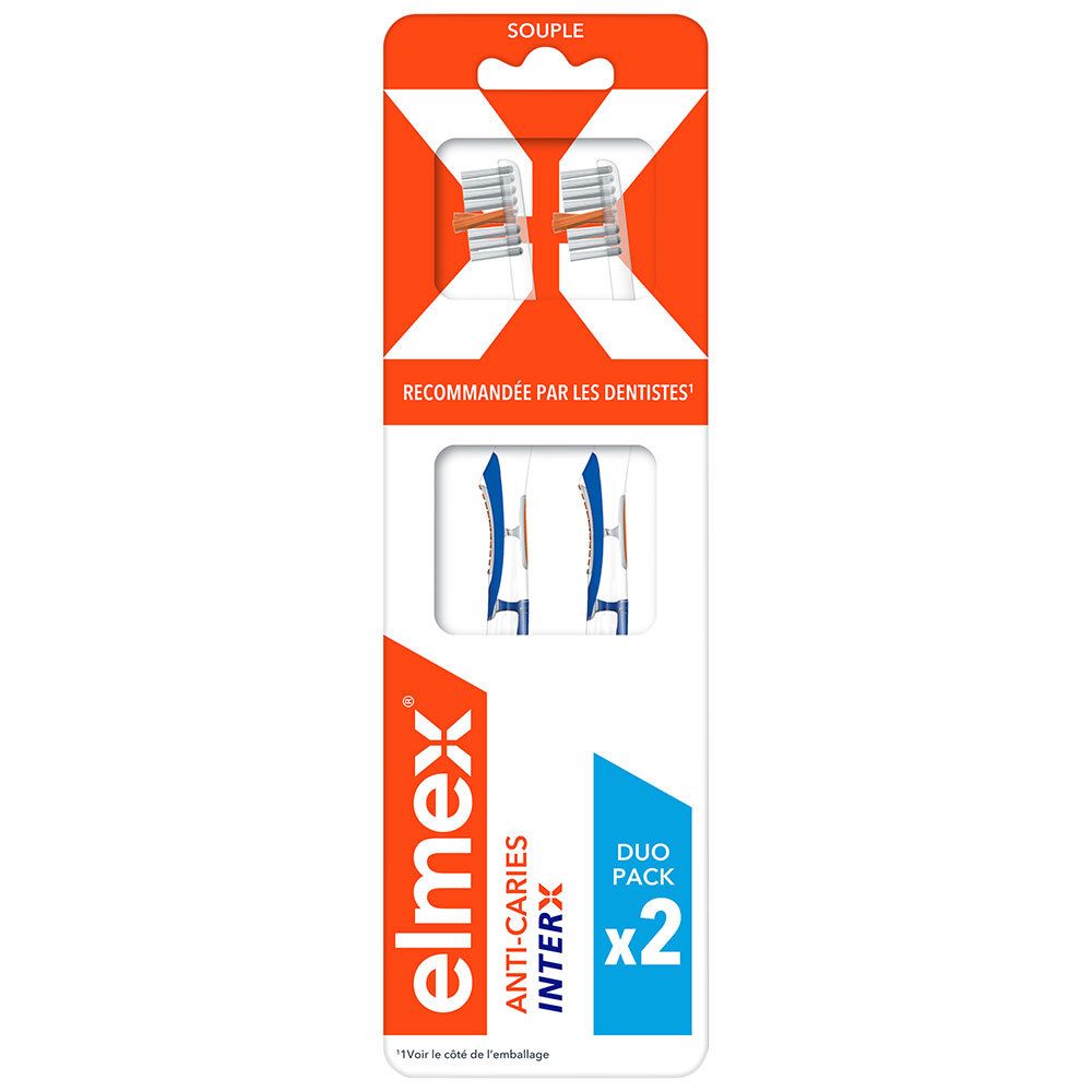 Paquet de deux têtes de brosse à dents. Têtes avec poils bleus et blancs. Texte "Souple" et "Anti-Caries Interx". Emballage blanc et orange.