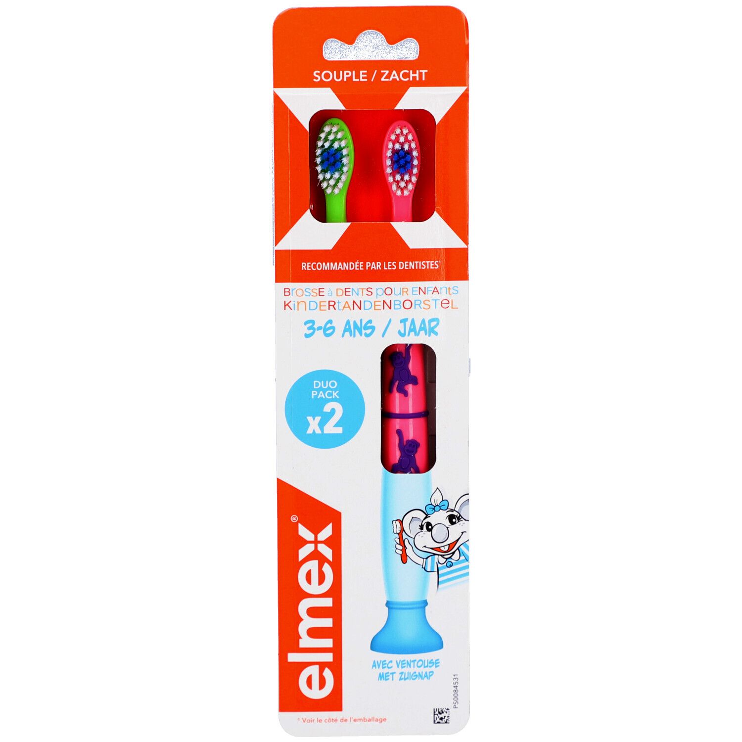 Pack de deux brosses à dents pour enfants. Têtes de brosse vertes et roses. Logo Elmex et nom du produit sur l'emballage.
