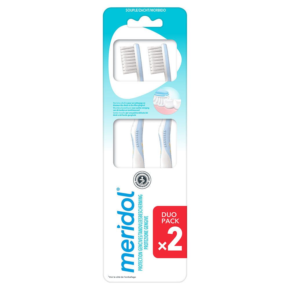 Pack de deux brosses à dents. Têtes de brosse en emballage. Marque: meridol. Duo Pack.