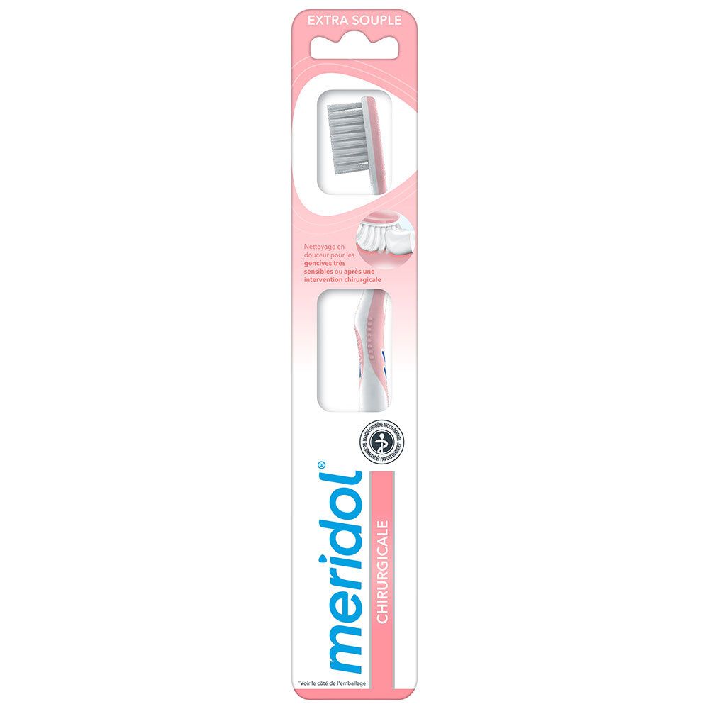 Brosse à dents dans un emballage rose. Le manche est blanc avec des accents roses. La tête de la brosse est grise. Texte: Meridol Chirurgicale.