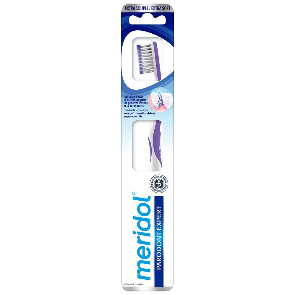 Brosse à dents dans son emballage. Marque : meridol PARODONT EXPERT. Extra Souple. Soies et manche violets.