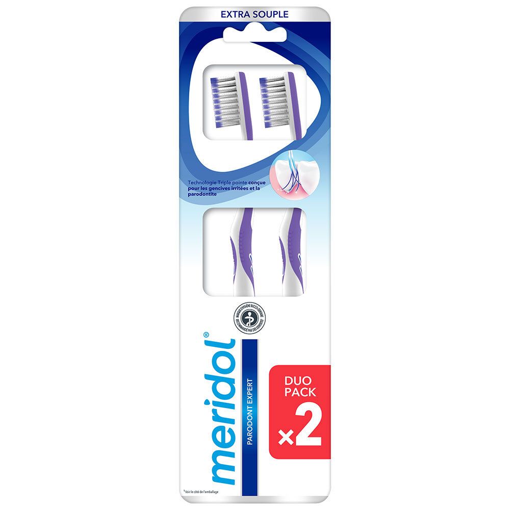 Paquet de deux têtes de brosse à dents. Soies violettes et blanches. Logo "MERIDOL Parodont Expert".