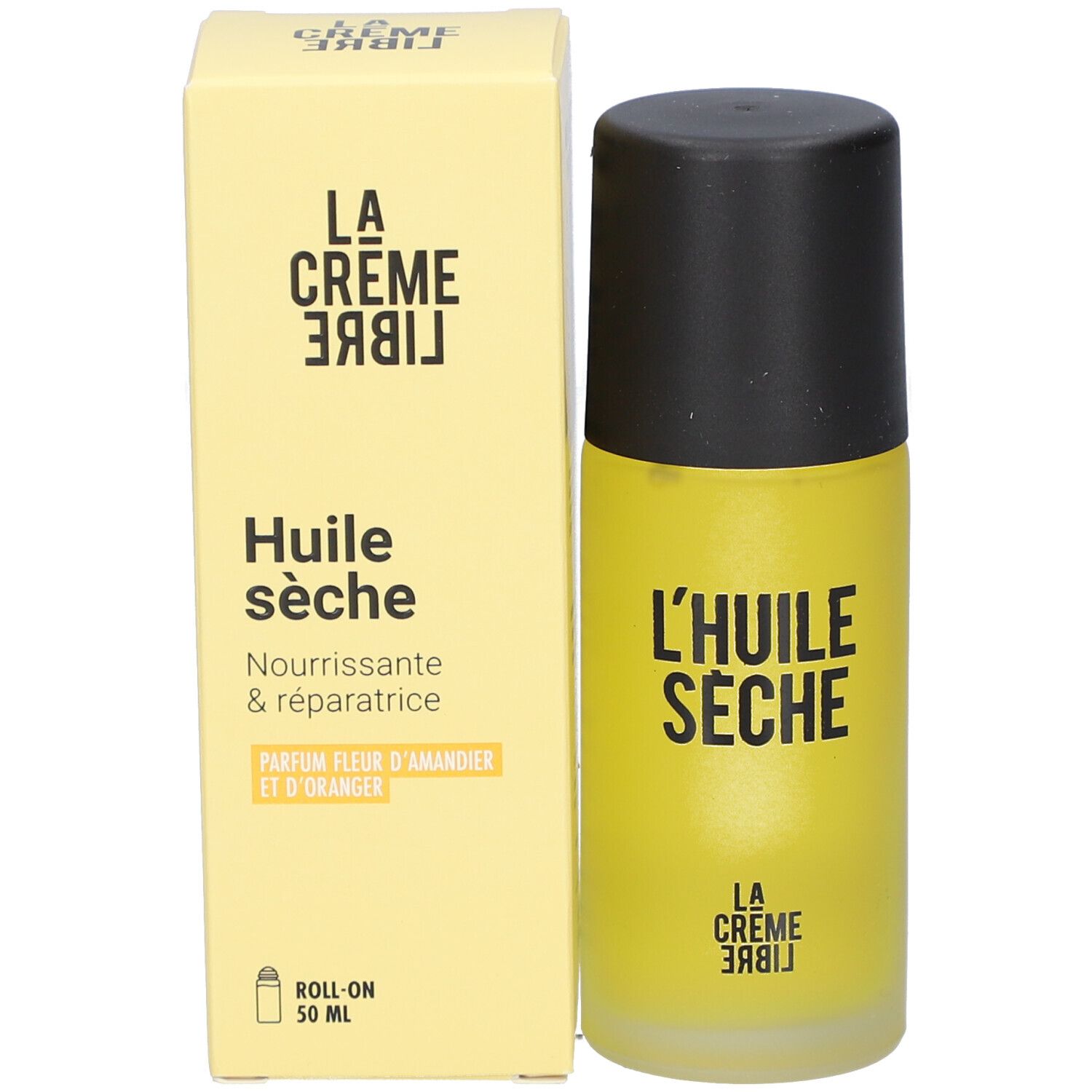 Flacon et boîte jaunes. Inscription: L'HUILE SÈCHE, LA CRÈME LIBRE. Boîte: Huile sèche, Parfum fleur d'amandier et d'oranger.