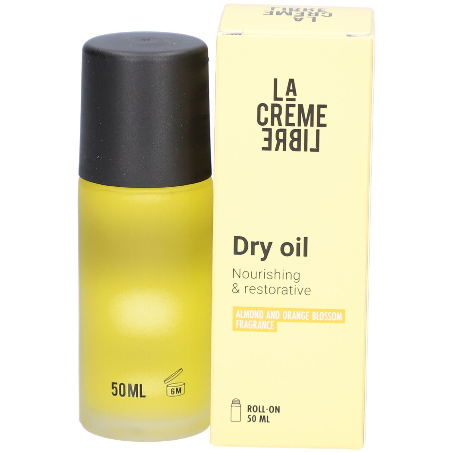 Flacon et boîte jaunes. Inscription: Dry oil, Nourishing & restorative, Almond and orange blossom fragrance.