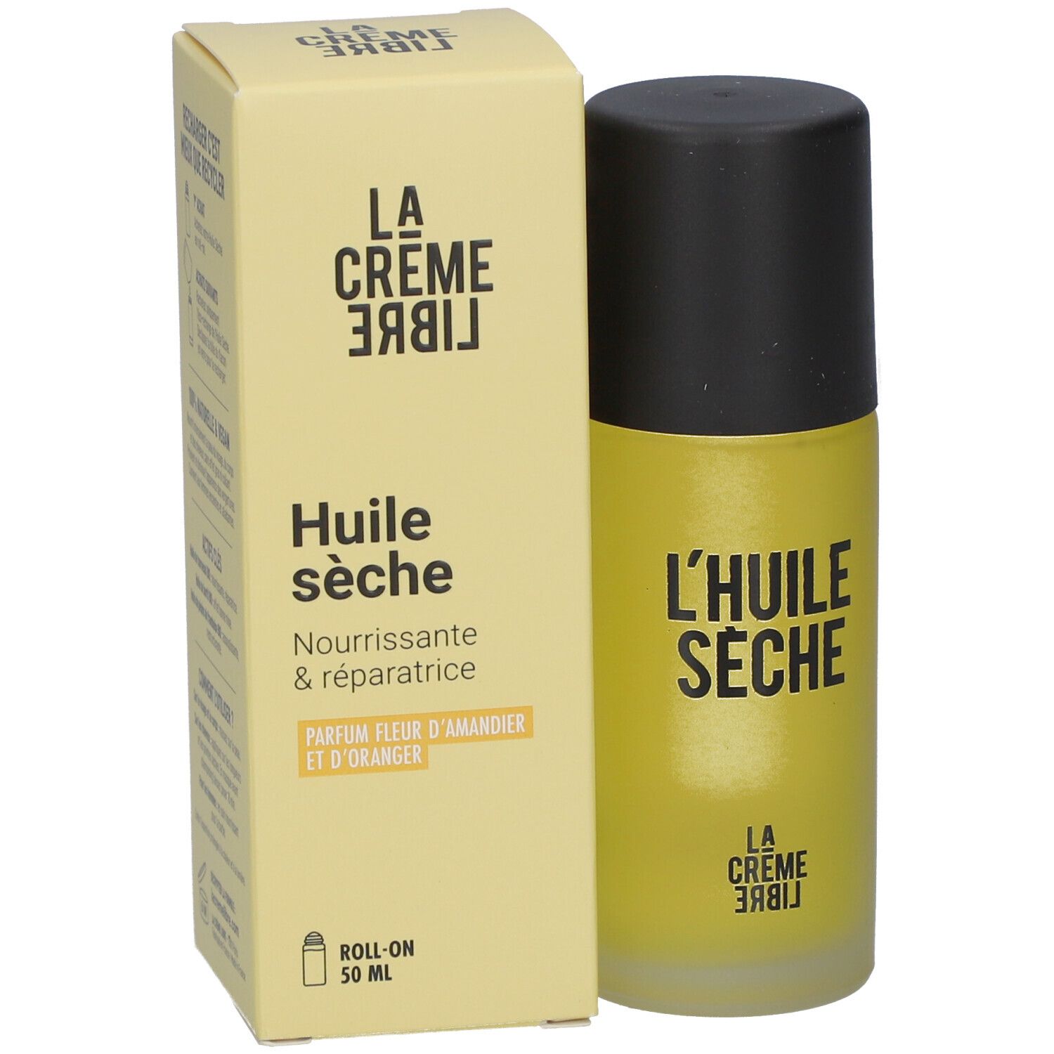 Flacon et boîte jaunes. Inscription: Huile sèche, Nourrissante & réparatrice, Parfum fleur d'amandier et d'oranger.