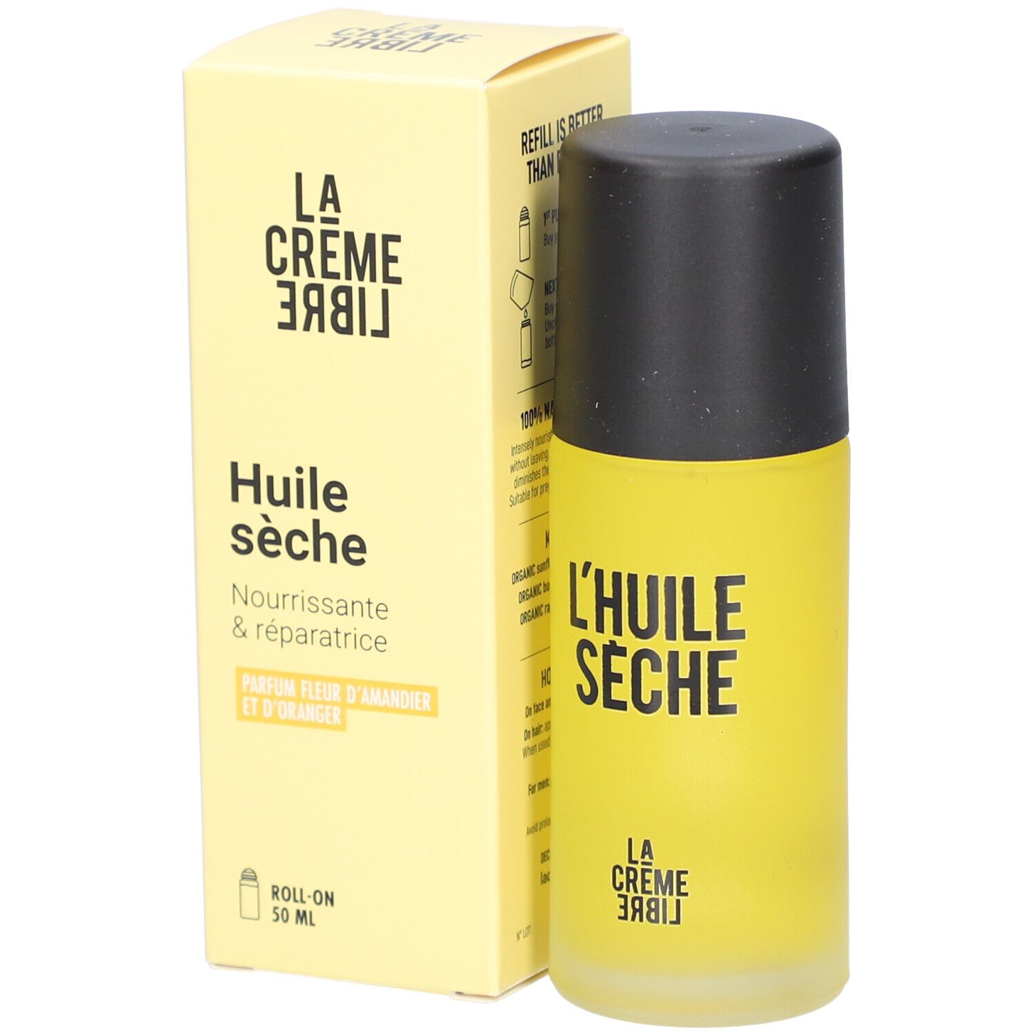 Flacon et boîte jaunes. Inscription: Huile sèche, Nourrissante & réparatrice, Parfum fleur d'amandier et d'oranger.