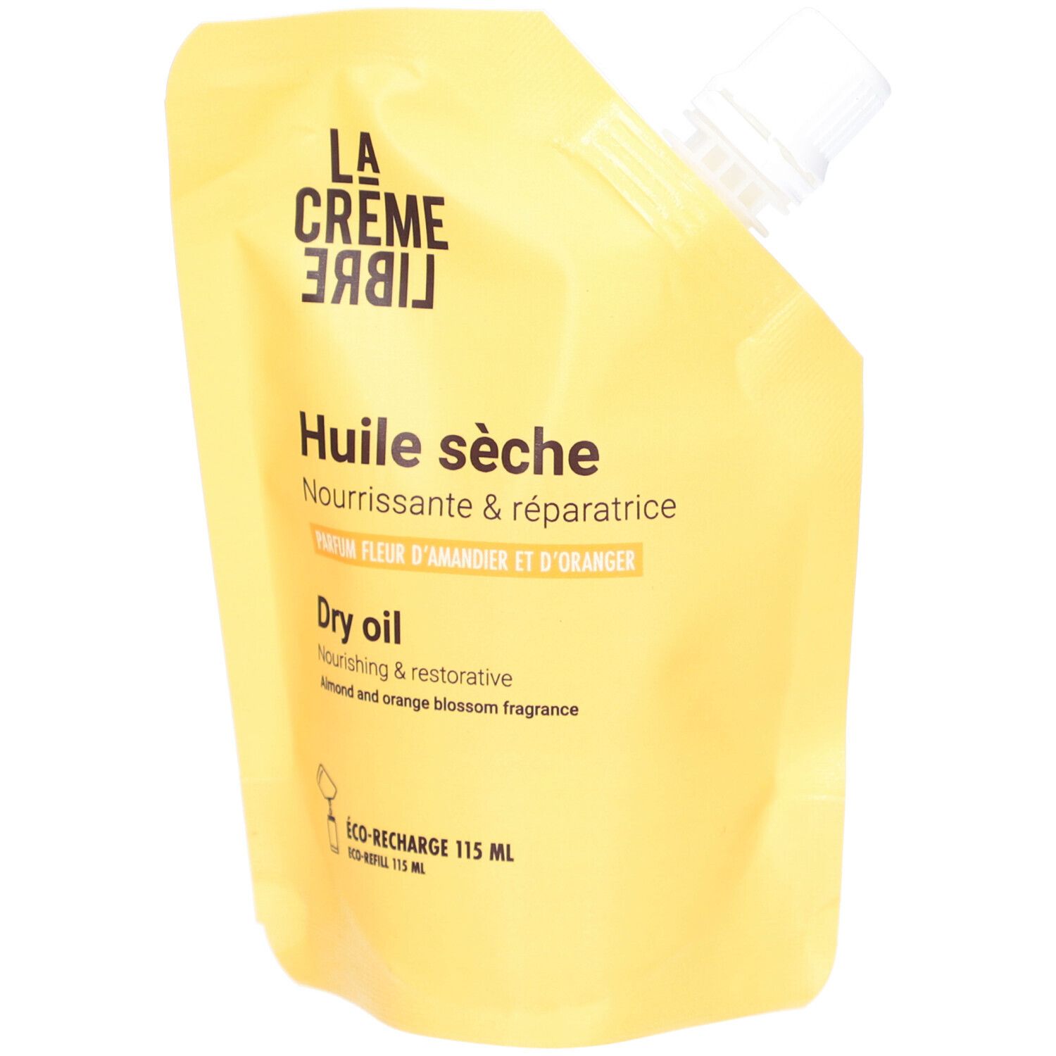 Recharge jaune avec informations produit. Texte : "Huile sèche", "Fleur d'Oranger & d'Amandier", "Dry oil".