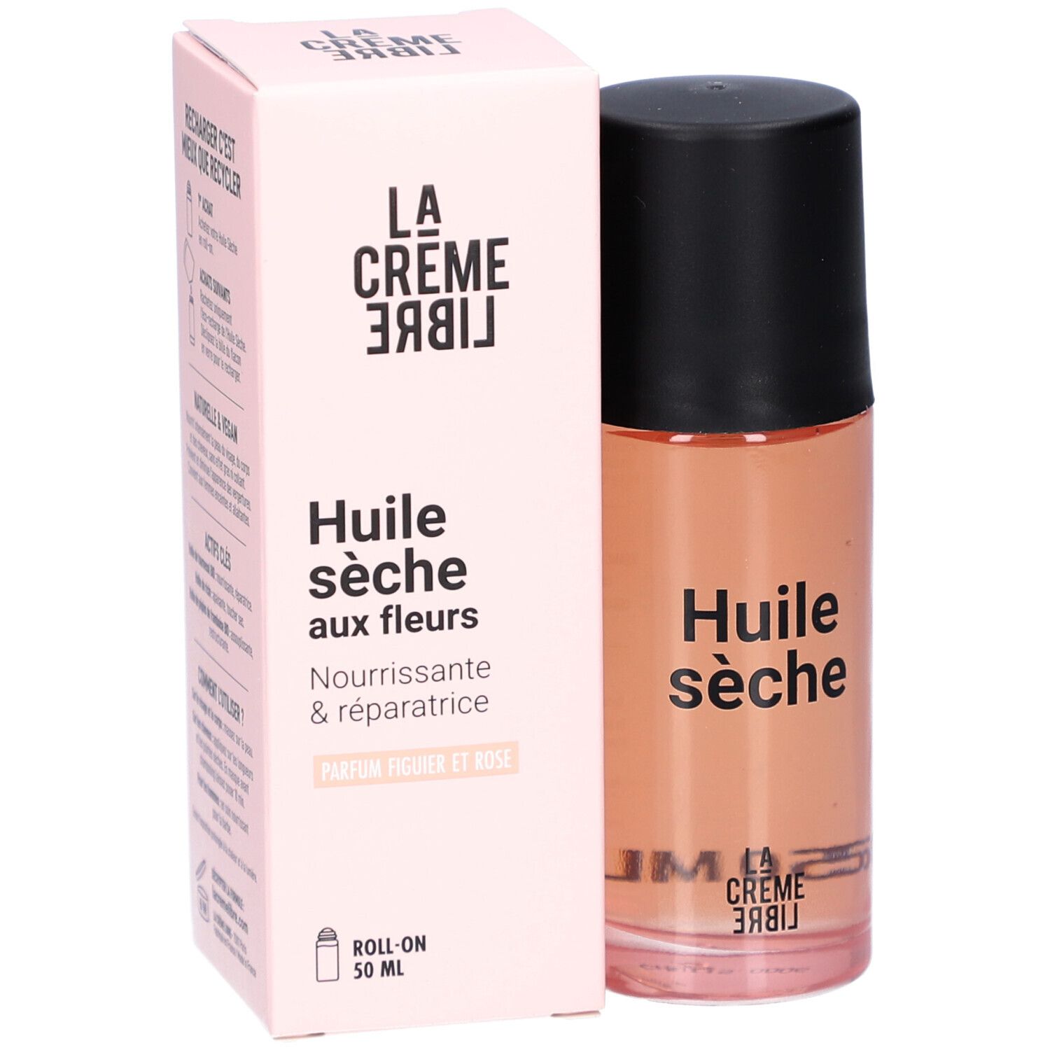 Flacon et boîte roses. Inscription : La Crème Libre, Huile sèche aux fleurs, Roll-on 50 ml. Flacon avec bouchon noir.