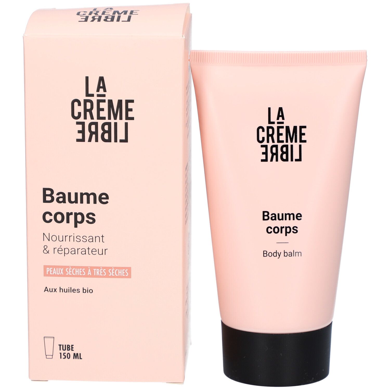 Rosa Tube und Schachtel. Aufschrift: La Crème Libre, Baume Corps, Nourrissant & réparateur. Tube 150 ml.