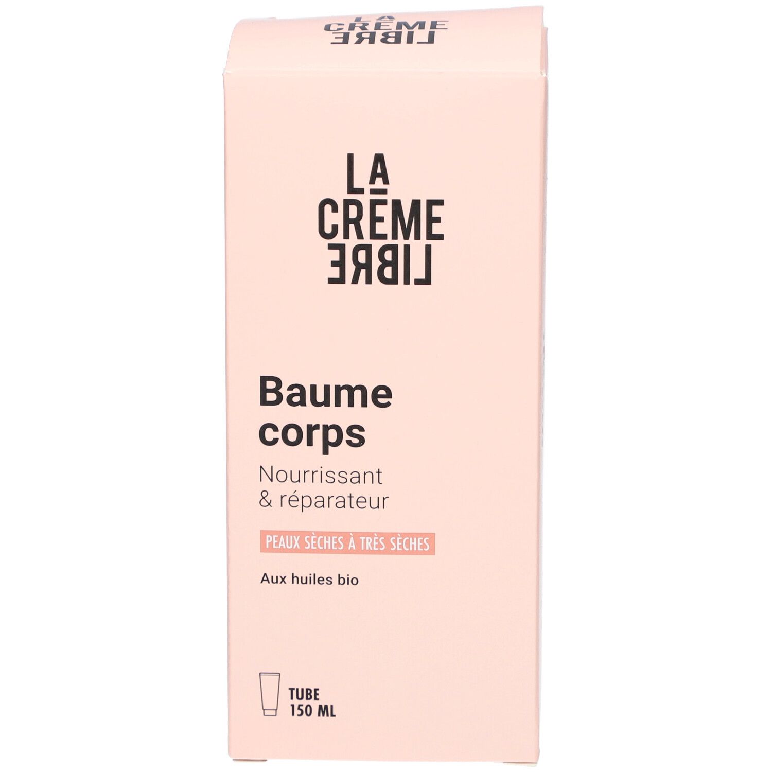 Rosa Schachtel. Aufschrift: La Crème Libre, Baume Corps, Nourrissant & réparateur. Tube 150 ml.