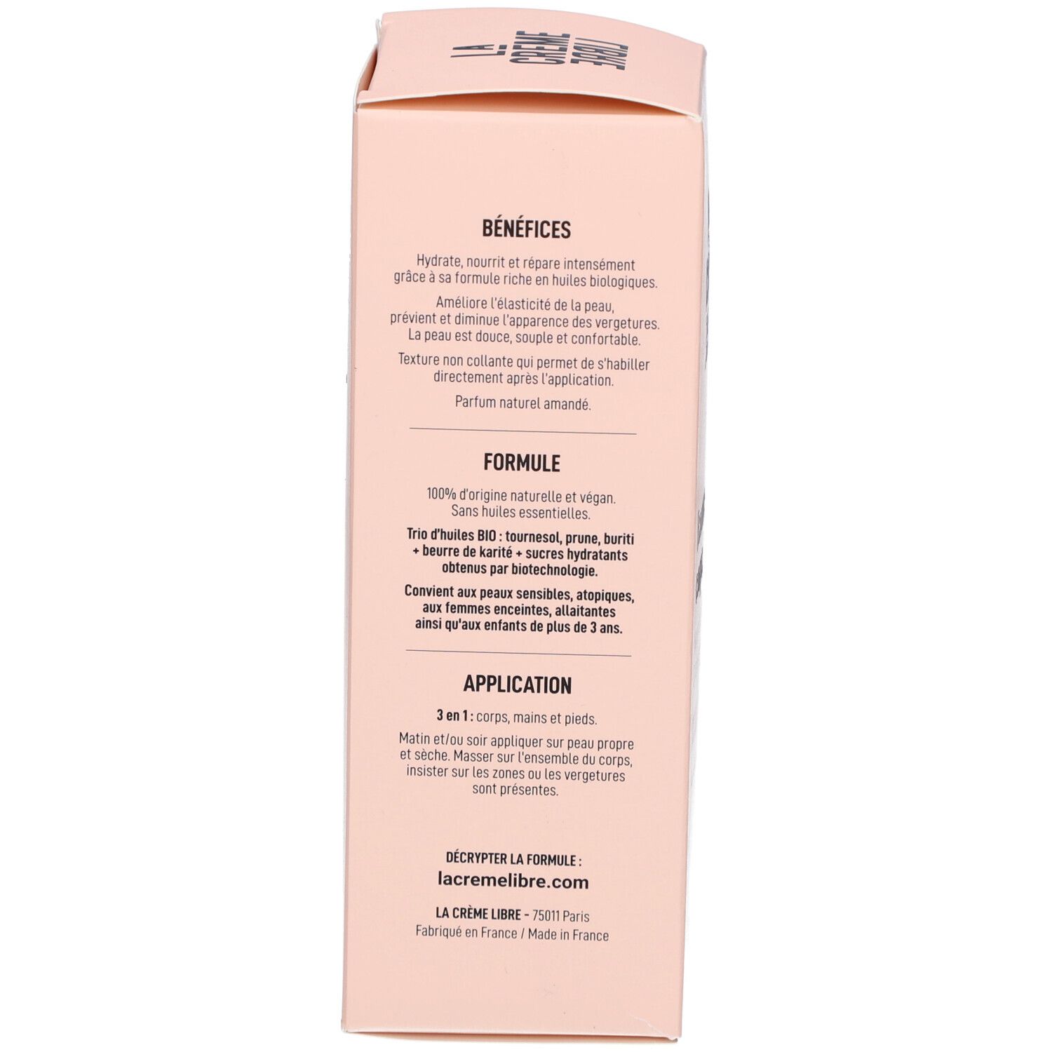 Rückseite der rosa Schachtel. Text über Vorteile, Anwendung und Inhaltsstoffe.