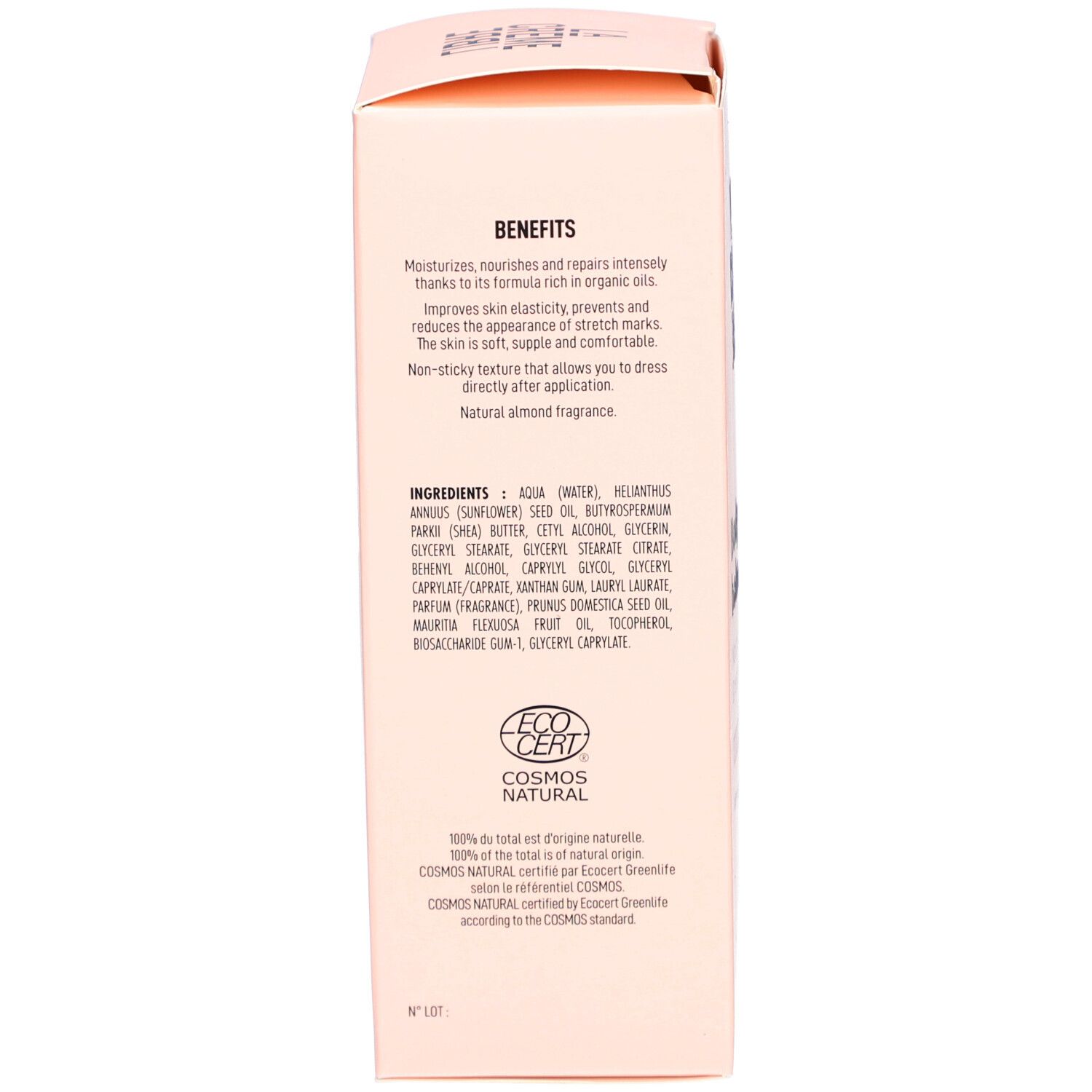 Rückseite der rosa Schachtel. Text über Vorteile, Inhaltsstoffe und Zertifizierung.