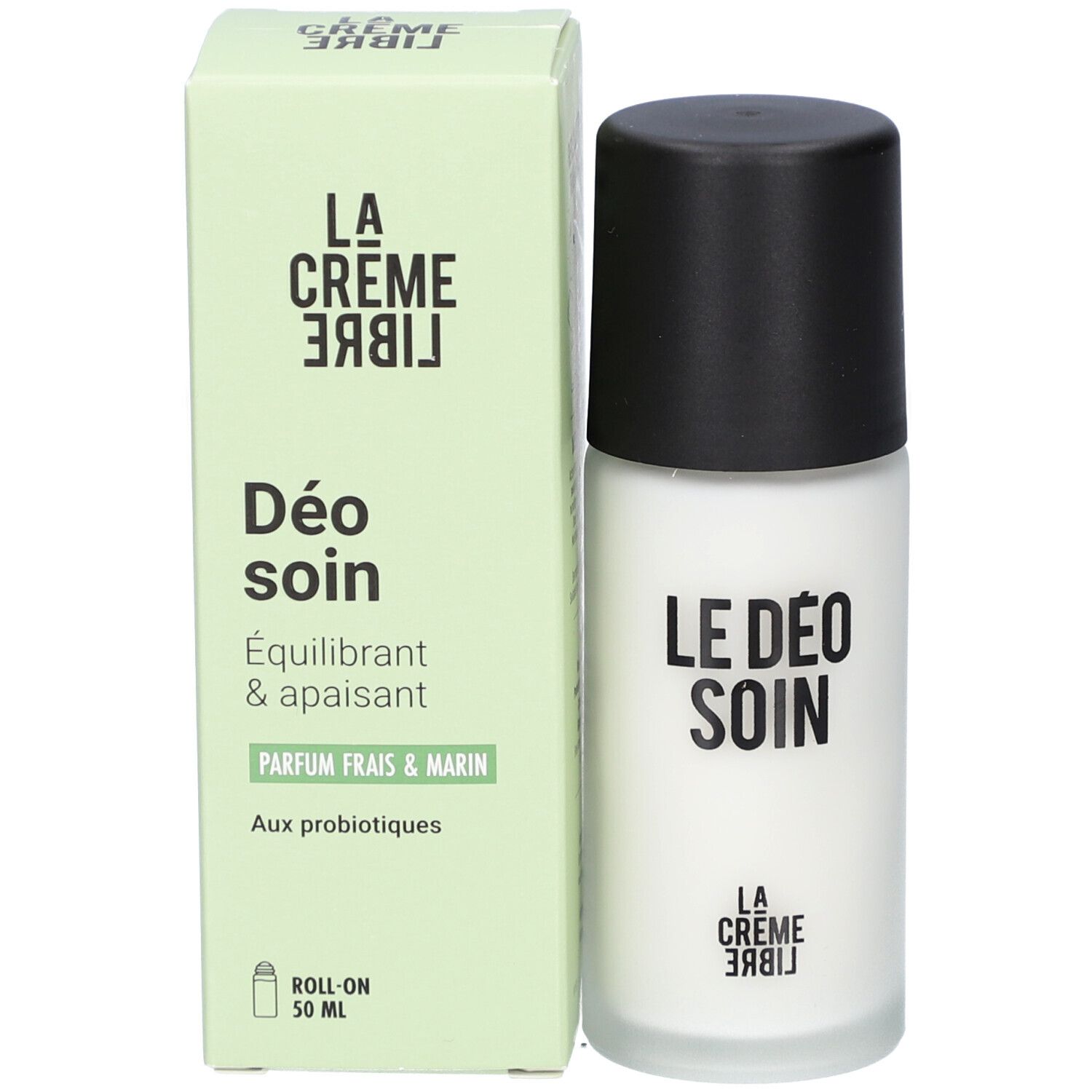 Roll-on et boîte "Déo soin". Le roll-on est blanc avec un bouchon noir. La boîte est verte.