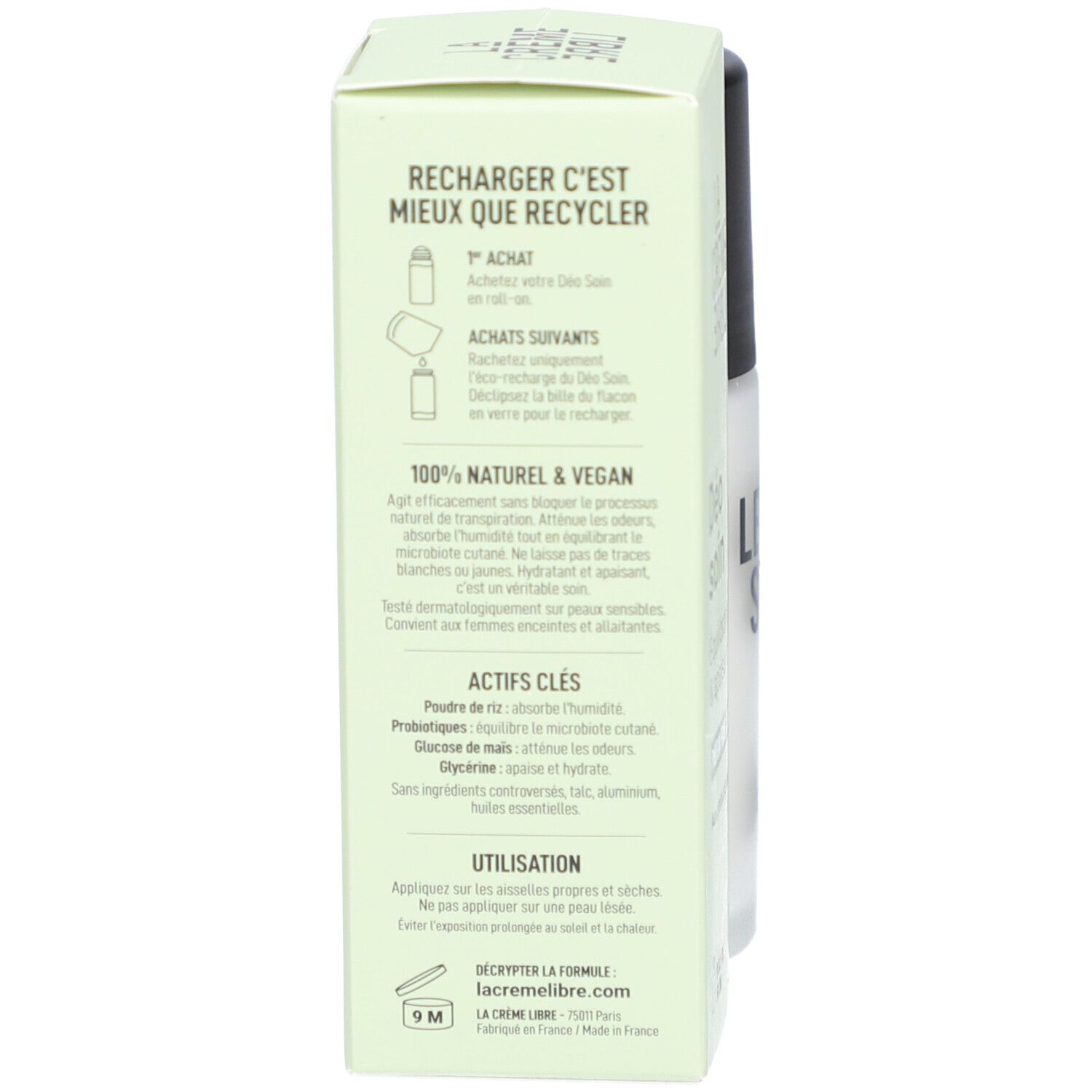 Boîte verte avec texte. "LA CRÈME LIBRE" en haut. Texte sur le recyclage et les ingrédients.