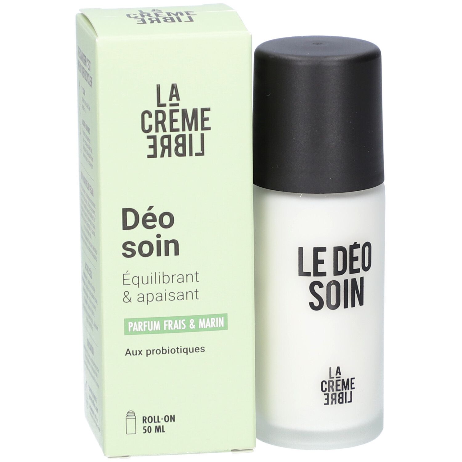 Roll-on et boîte "Déo soin". Le roll-on a un bouchon noir. La boîte est verte.
