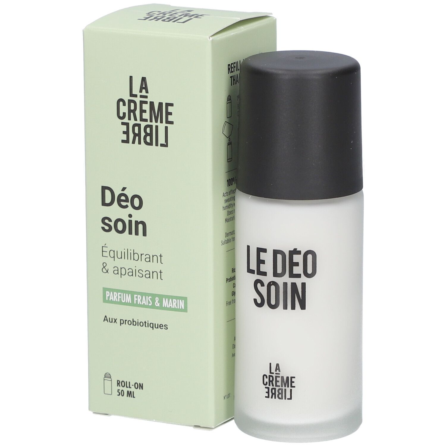 Roll-on et boîte "Déo soin". Le roll-on a un bouchon noir. La boîte est verte.
