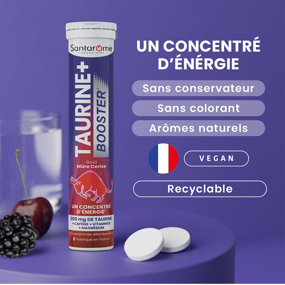 Tube SANTAROME Taurine+ Booster et comprimés sur fond violet. Texte: Un concentré d'énergie, 200 mg. Cerises et mûre.