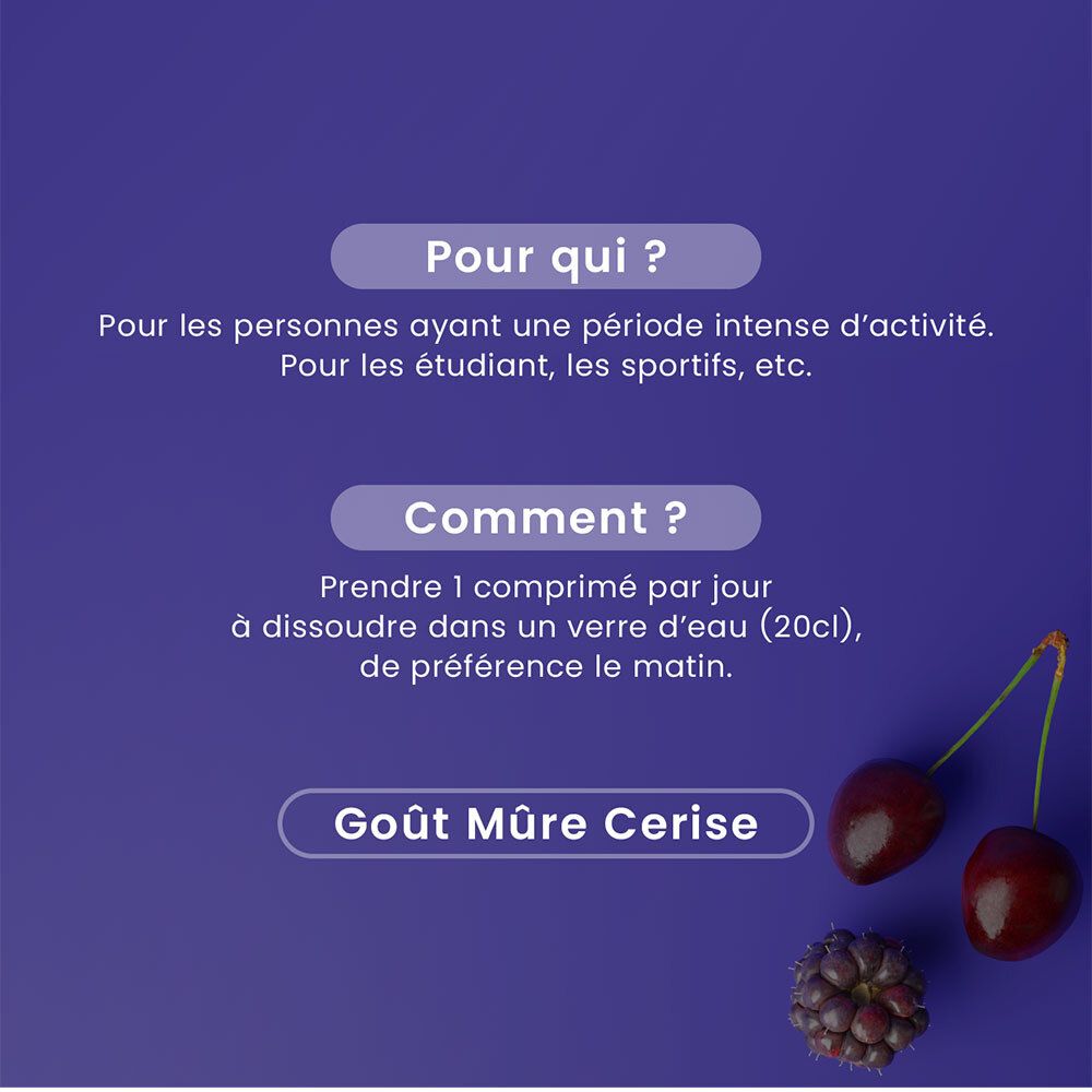 Fond violet avec texte et fruits. Texte: Pour qui ?, Comment ?, Goût Mûre Cerise. Cerises et mûre.