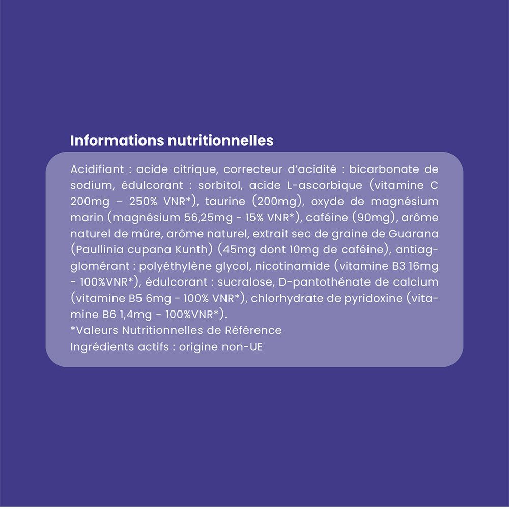 Fond violet avec texte et fruits. Texte: Mono-ingrédients toniques, Acérola, Taurine. Fruits rouges et taureau rouge.
