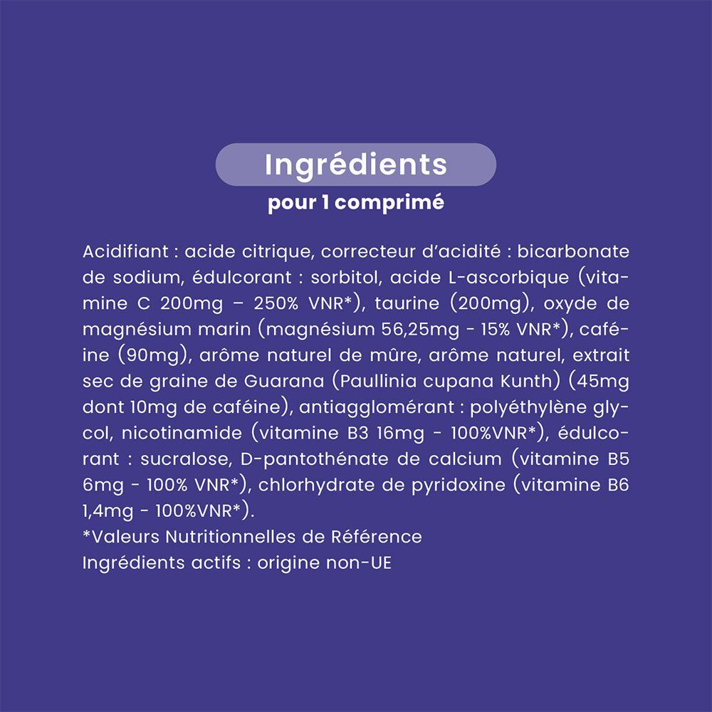 Fond violet avec texte. Texte: Ingrédients pour 1 comprimé. Liste des ingrédients.