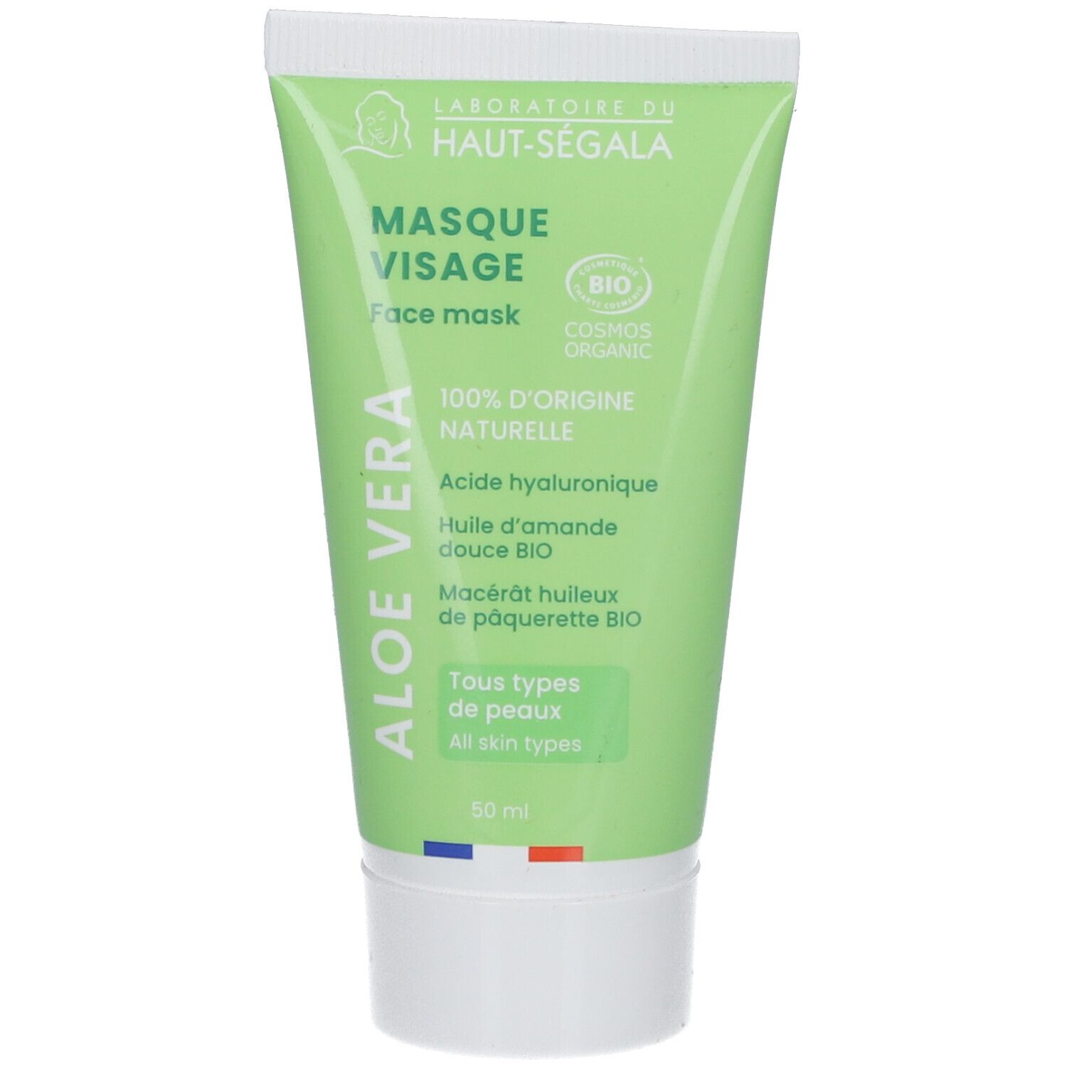 Grüne Tube mit Aufschrift 'Masque Visage Aloe Vera'. Enthält Bio-Zertifizierung und französische Flagge.