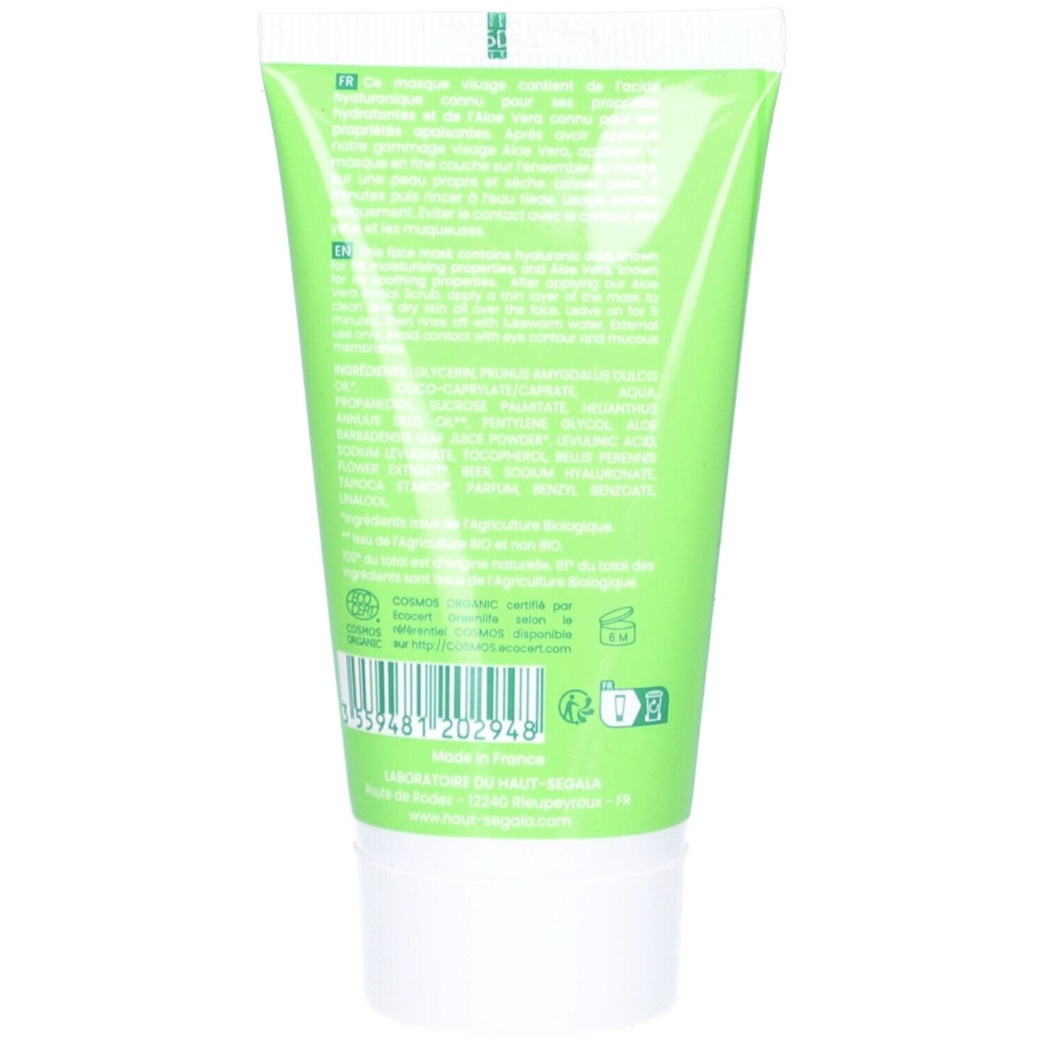 Rückseite der grünen Tube. Enthält Text, Inhaltsstoffe, Bio-Zertifizierung und Recycling-Symbole.