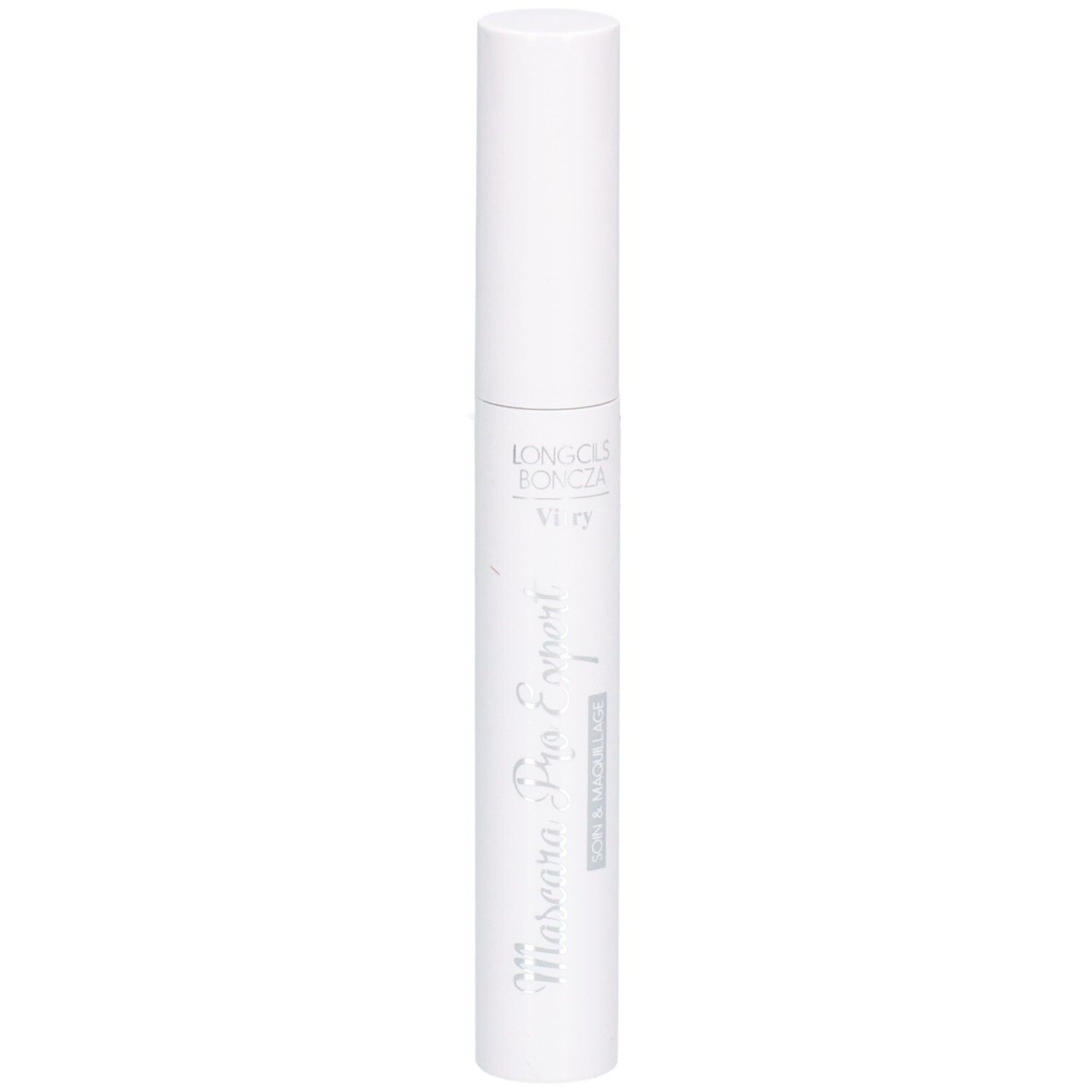 Weißer Mascara-Behälter mit weißem Deckel. Aufschrift: Mascara Pro'Expert, Vitry. Vertikale Ansicht.