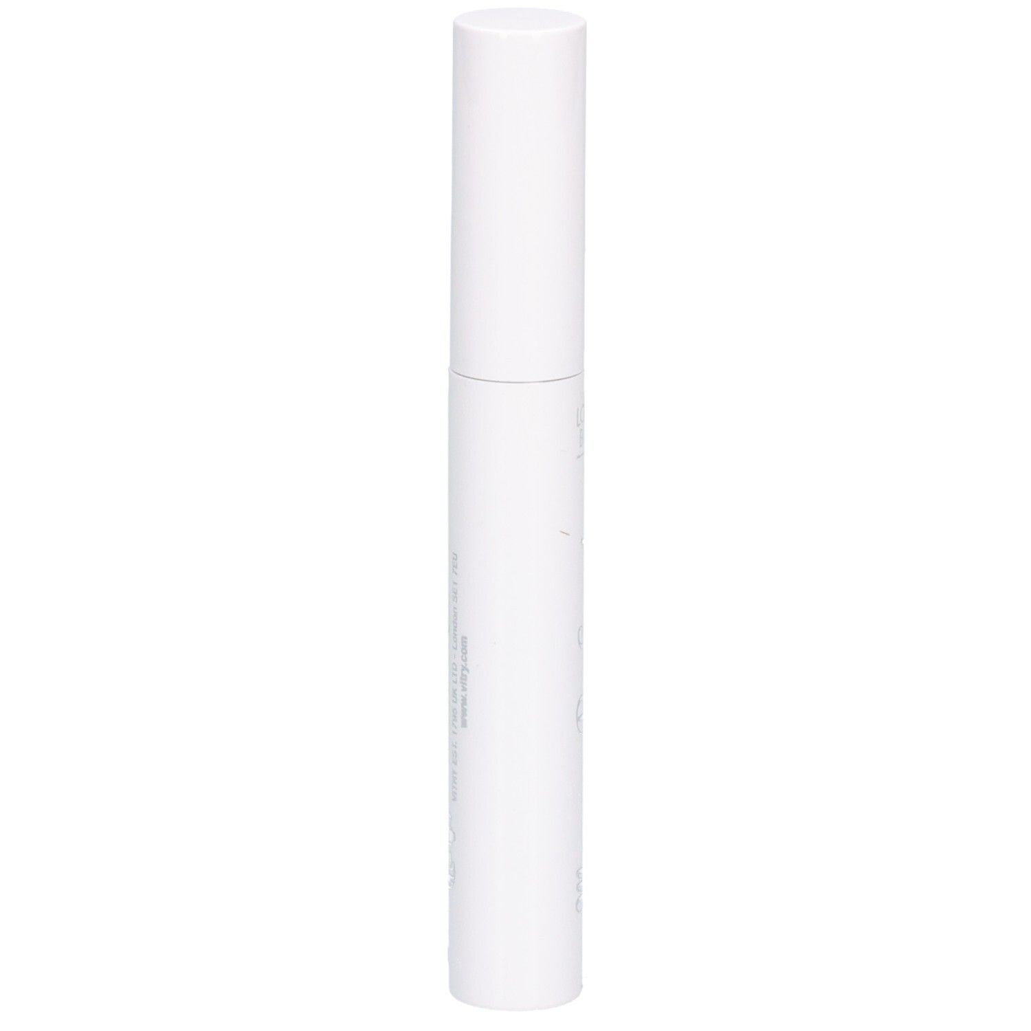 Weißer Mascara-Behälter mit weißem Deckel. Vertikale Ansicht.