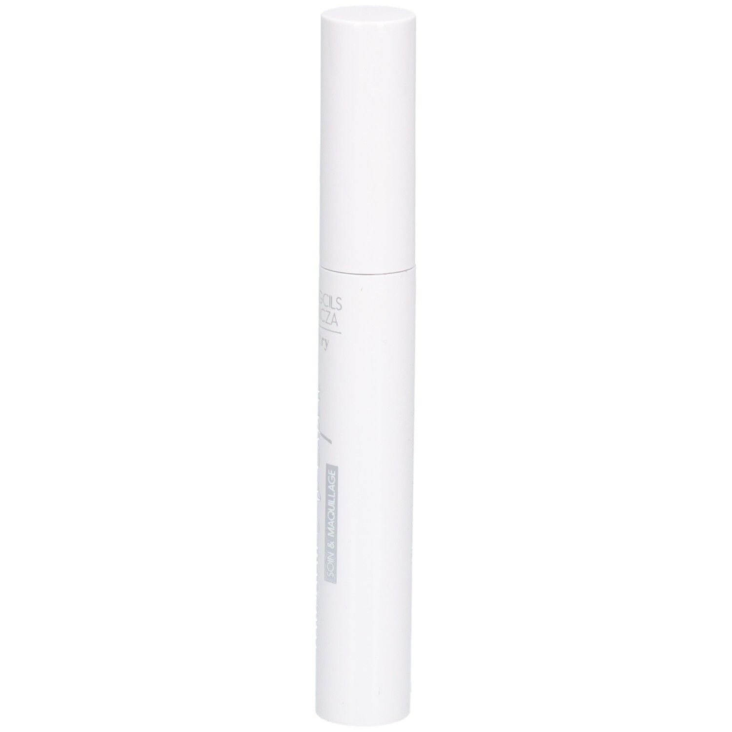 Weißer Mascara-Behälter mit weißem Deckel. Vertikale Ansicht.