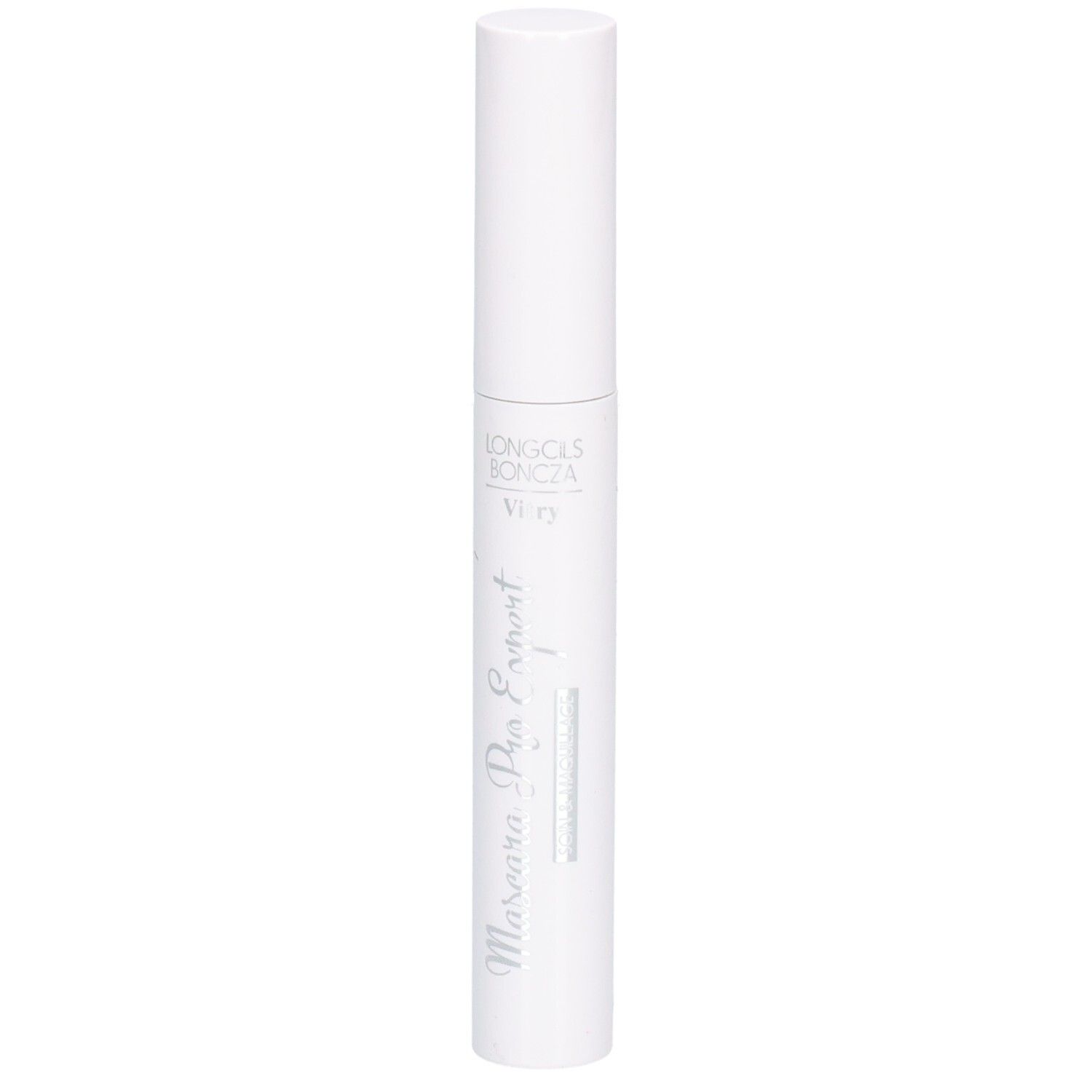 Weißer Mascara-Behälter mit weißem Deckel. Aufschrift: Mascara Pro Expert, Vitry. Vertikale Ansicht.