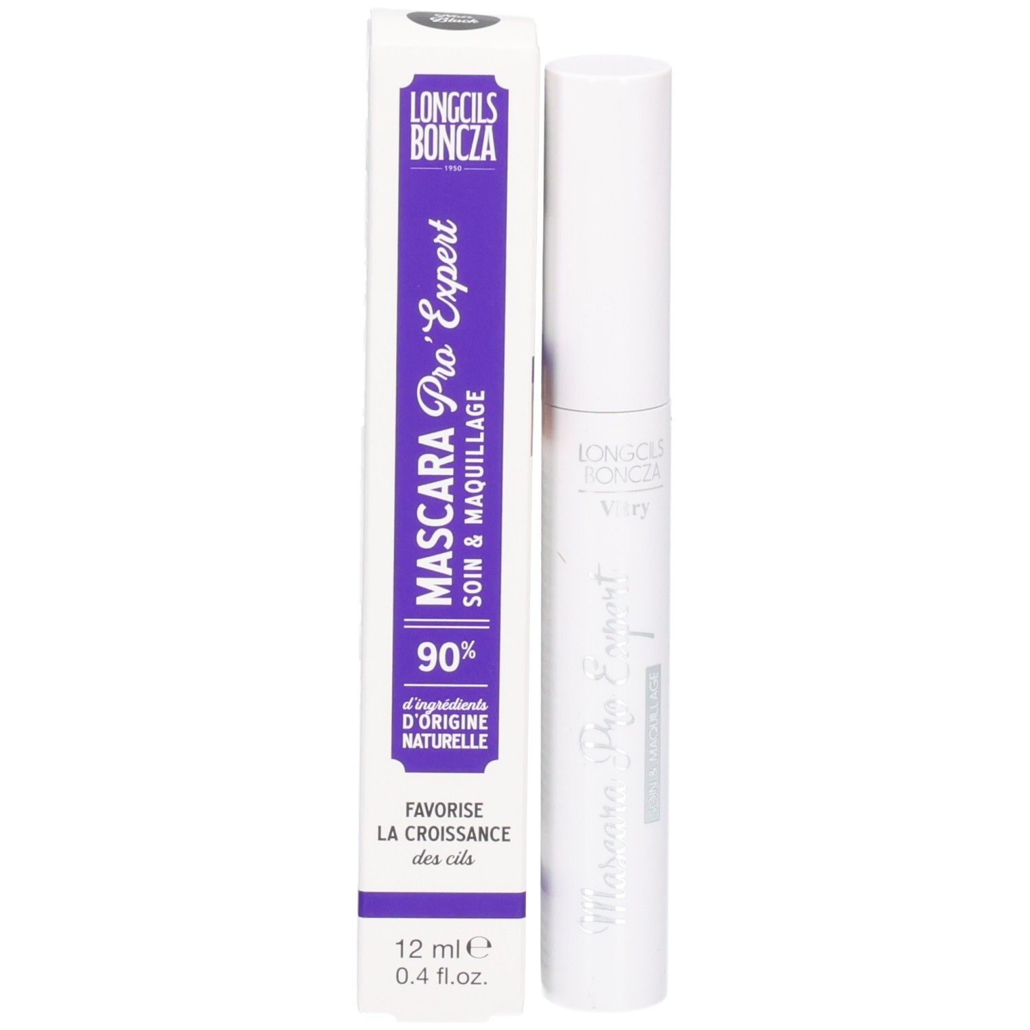 Mascara-Tube und Verpackung. Verpackung: lila, mit Aufschrift Mascara Pro'Expert, 90% natürliche Inhaltsstoffe.
